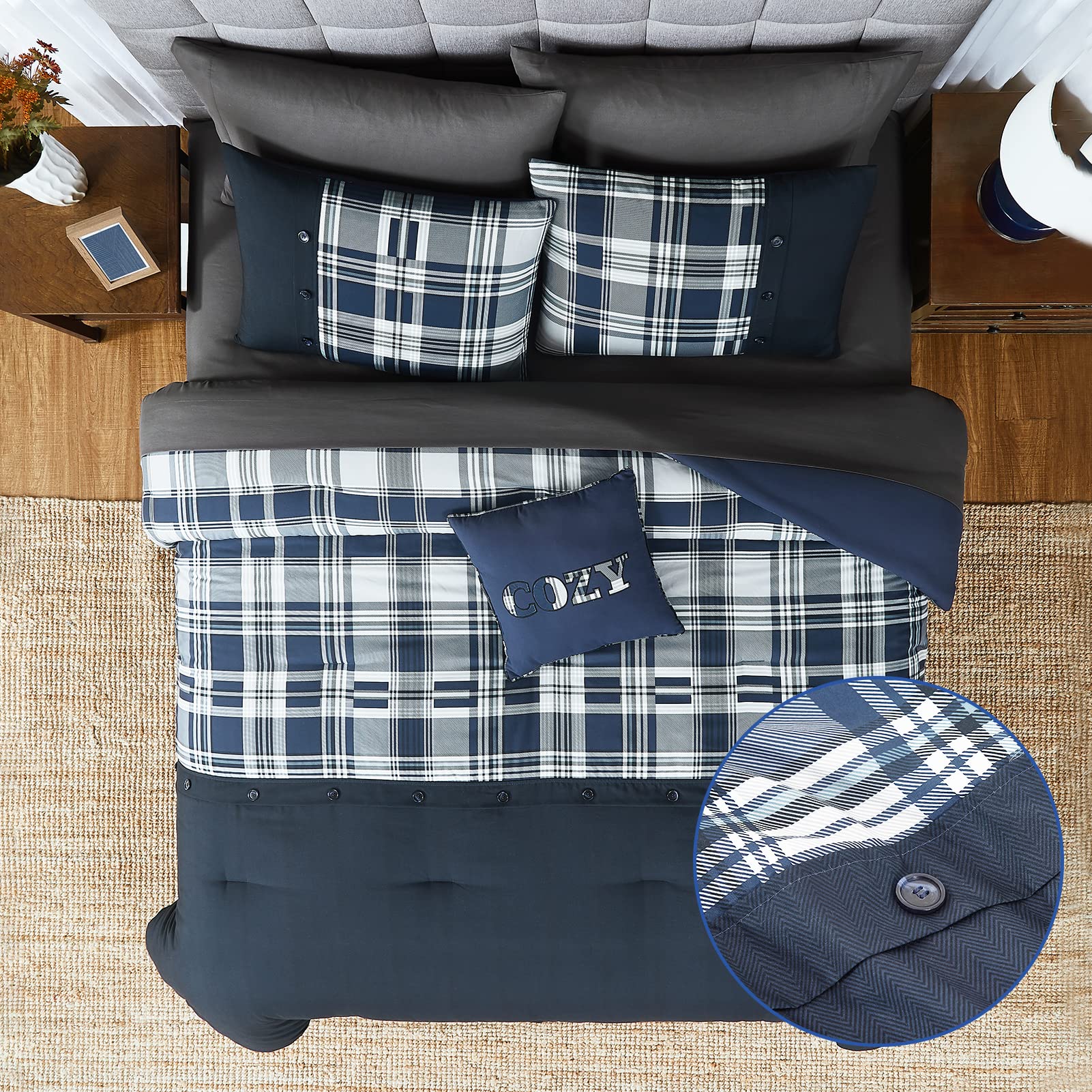 WRENSONGE Plaid Queen Comforter Set, 8 Pieces Blue Printed and Spliced