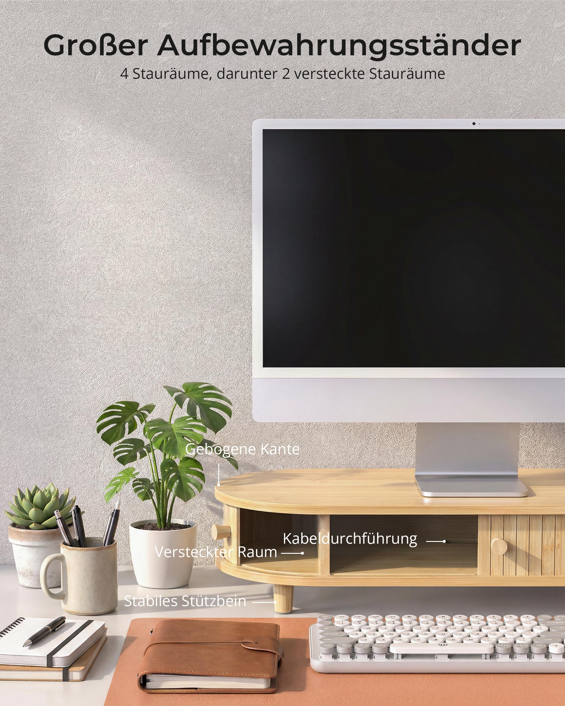 WELL WENG Bambus-Monitorständer mit Stauraum, gebogener Computer-Laptop-Ständer, Schreibtischregal-Organizer mit Schiebetüren (64.4cm)
