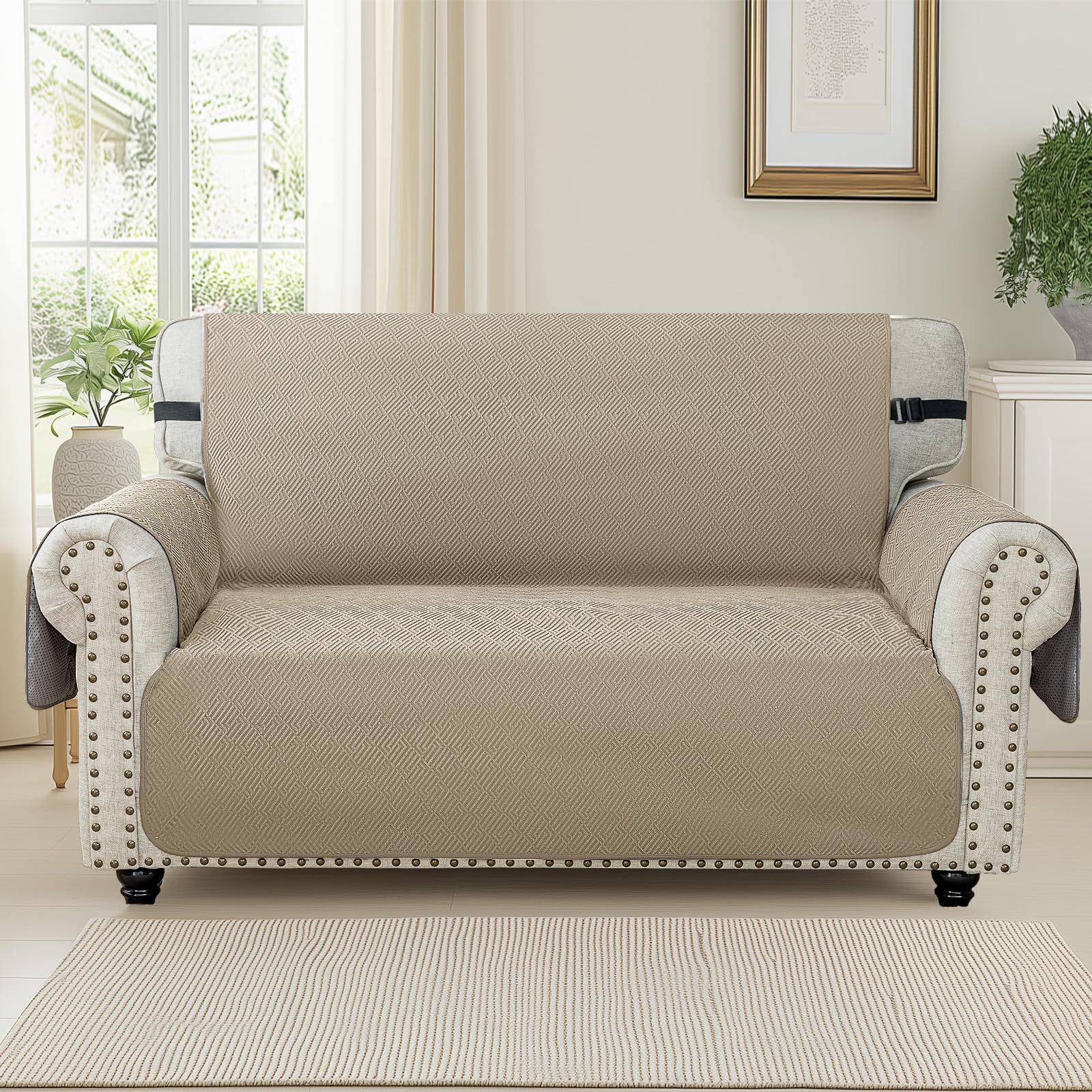 Ystyle Copridivano 2 Posto Con Braccioli, Sofa Cover Antigraffio Gatto Cani, Copertura Divano Universale, Copridivani Natalizio Mobili Protector, Salvadivano Antiscivolo Antimacchia, Cachi