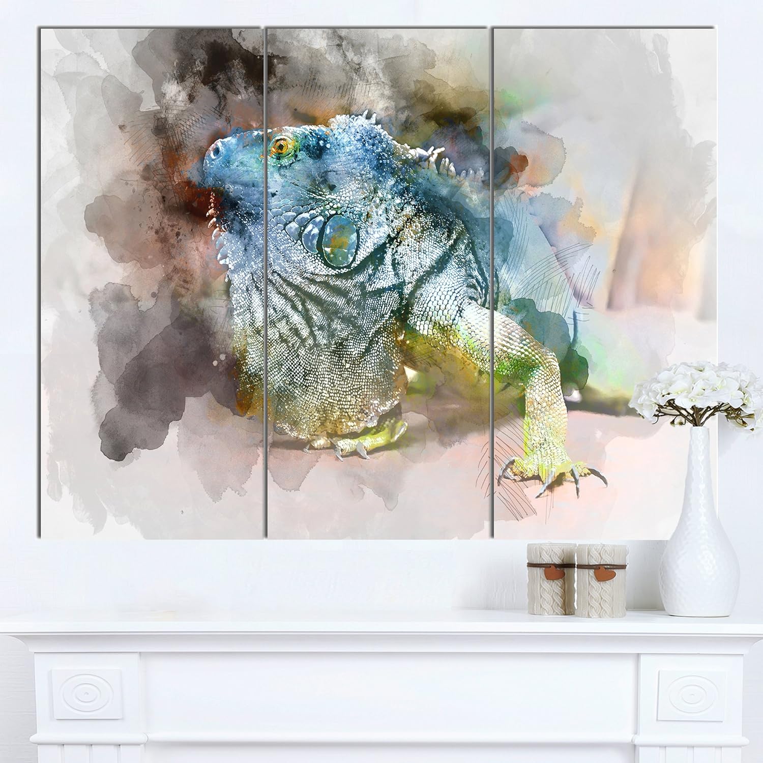Designart Green Iguana Close-Up Painting Large Abstract Canvas Artwork, 36x28-3 Panels