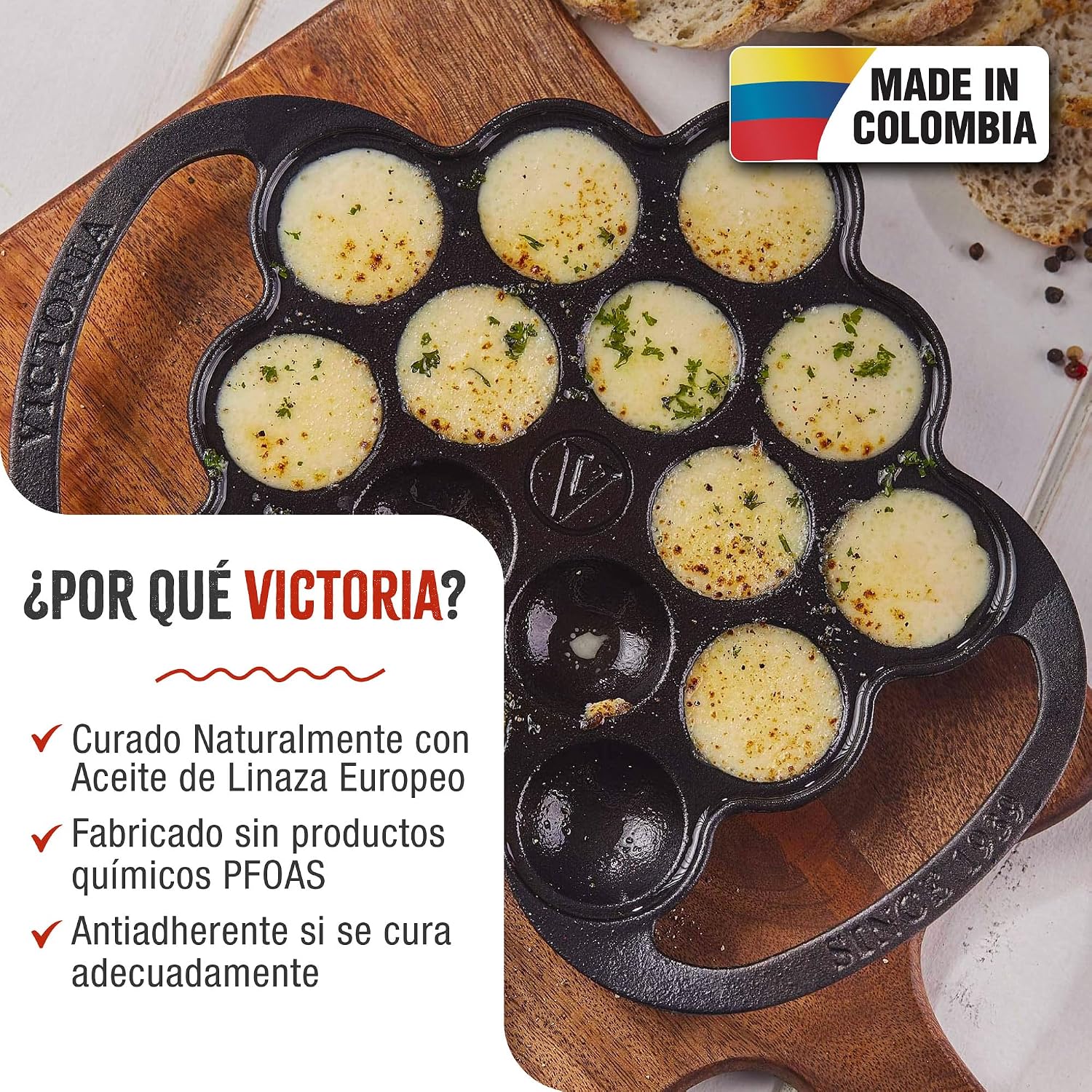 victoria cast iron poffertjes dutch pancake pan with loop handles, preseasoned with flaxseed oil, made in colombia standard