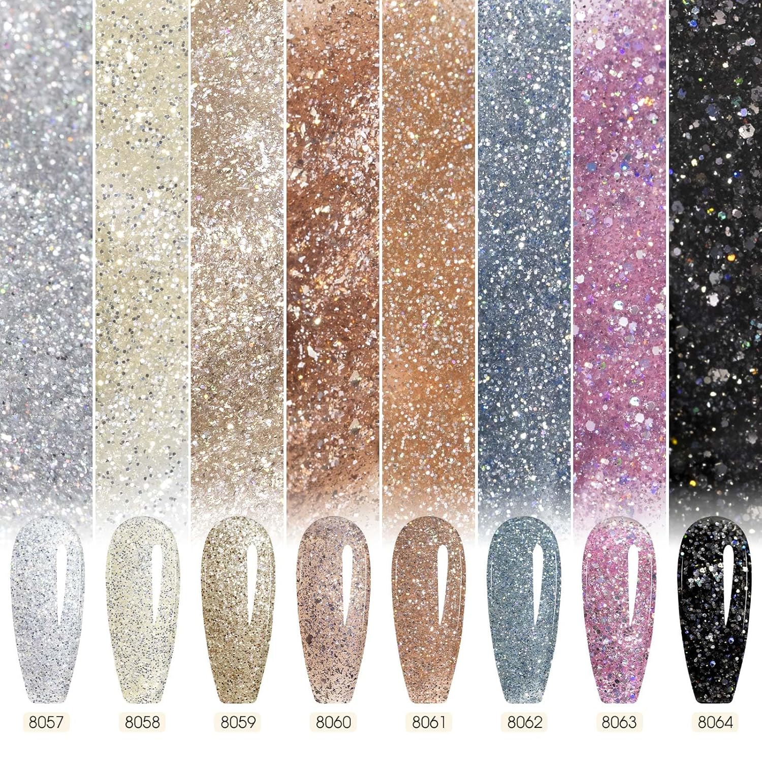 CANNI Gel Polish Glitter Gel Nail Polish Set, 8 Colors Champagne Silver Rose Gold Pink Black Shiny Glitter Gel U V LED Soak Off Manicure Kit Gift for Women Girls