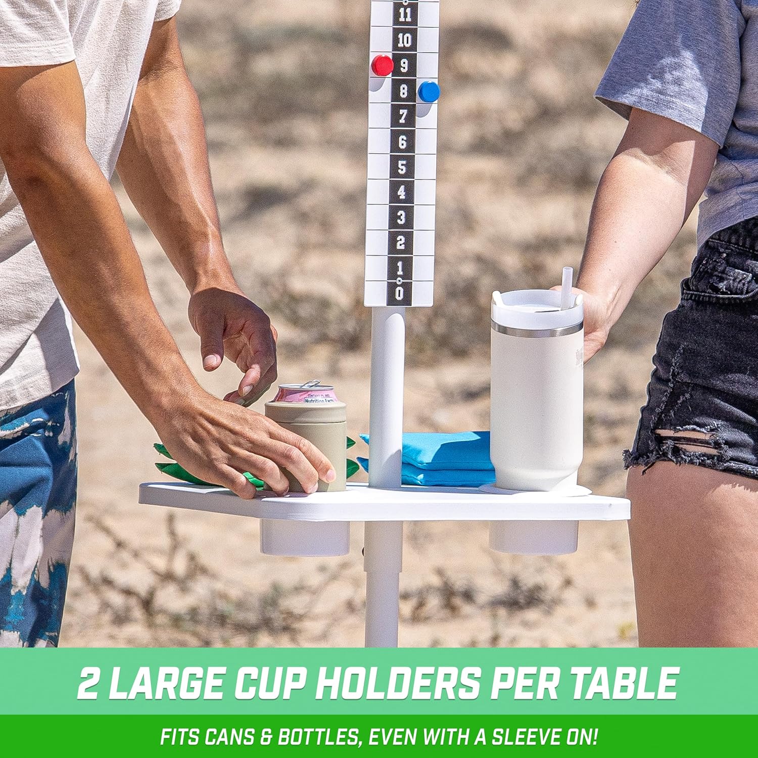 GoSports All Weather Metal Cornhole Scoreboard with Drink Holders - Black or White - Magnetic Outdoor Score Keeper for Yard Games - Set of 2 ScoreCaddy Tables