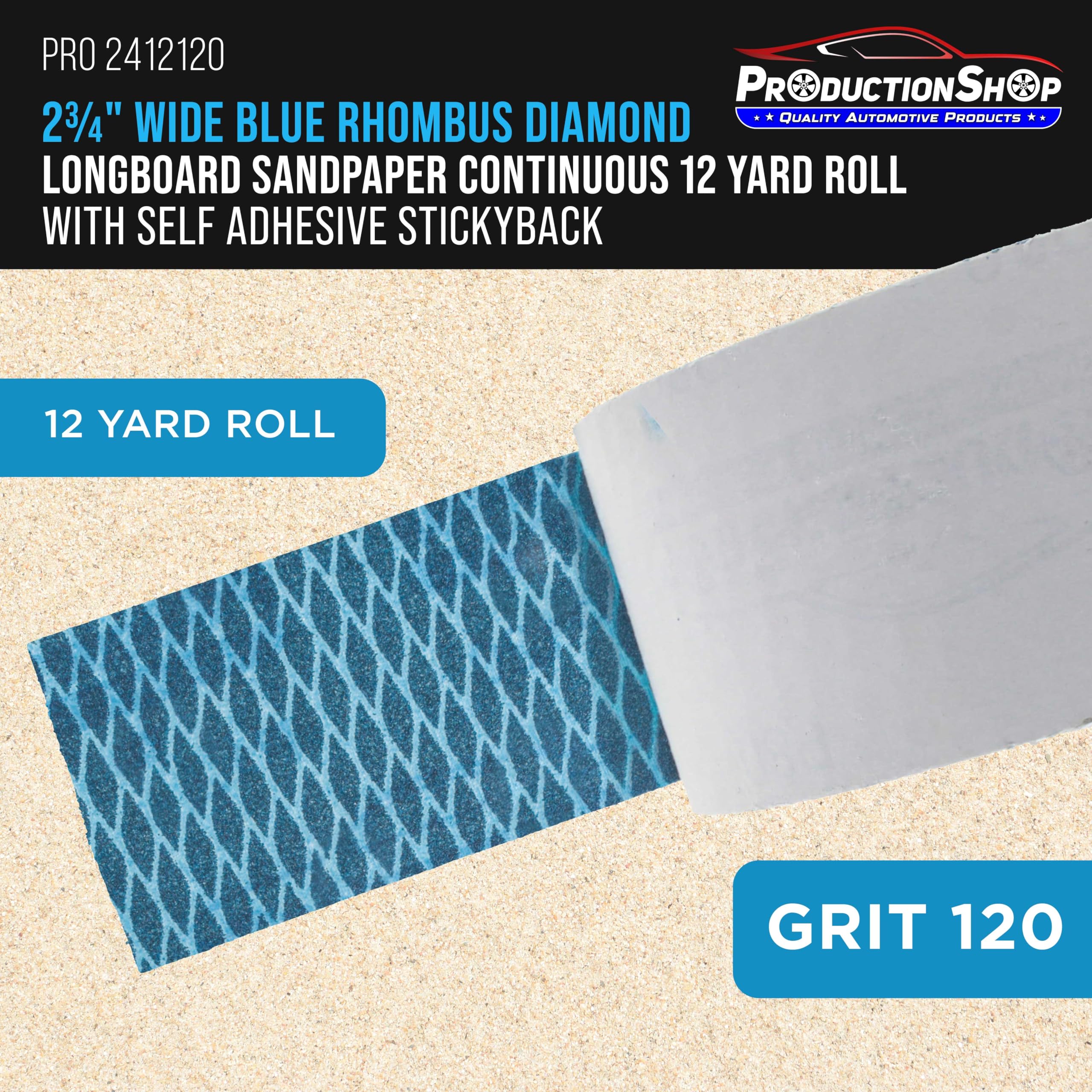 ProductionShop Papel de lija PSA de grano 120 con forma de rombo azul para longboard de 2-3/4 pulgadas de ancho, rollo continuo de 12 yardas, parte trasera adhesiva autoadhesiva para lijadoras de