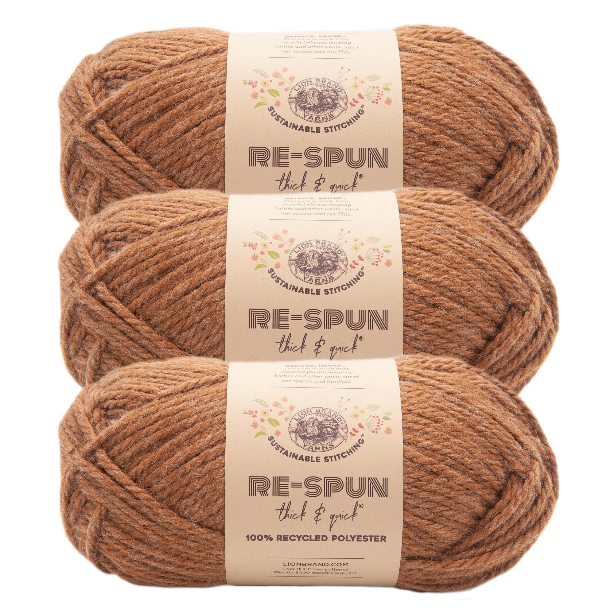 Lion Brand Yarn, Re-Spun Thick & Quick Yarn, Cider, Brown, 3 Pack