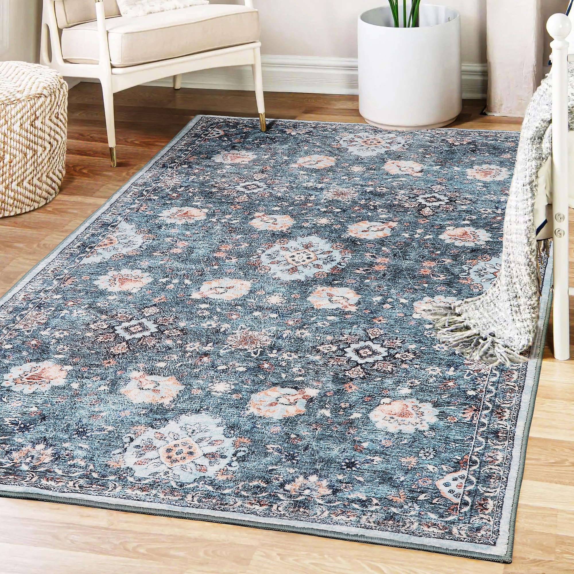 3x5 Area Rugs Washable Boho Rug, Non Slip Carpet for Living Room, Bedroom, Kitchen, Soft Low-Pile Rug, Indigo/Floral