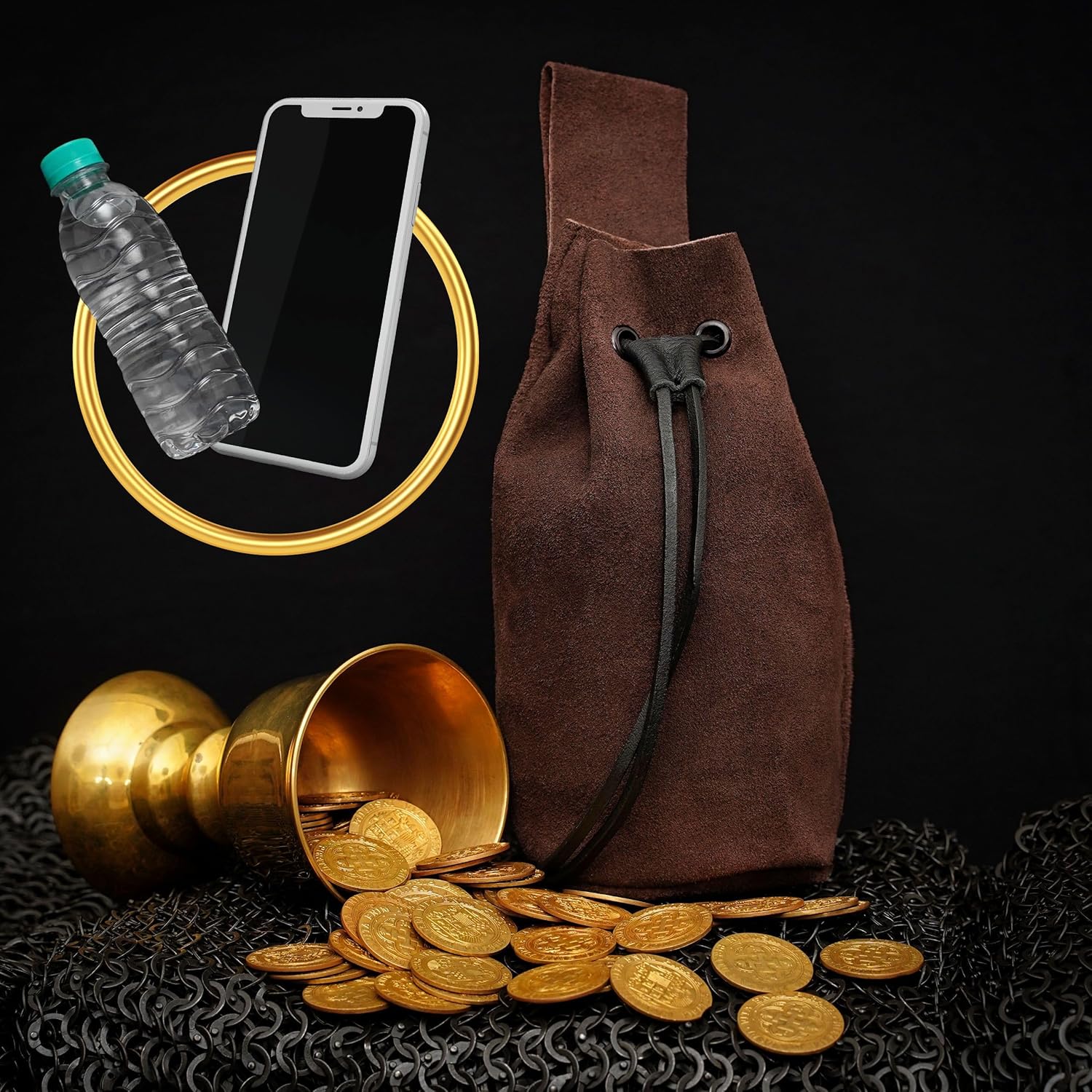 Mythrojan Drawstring Belt Bag Renaissance Costume Accessories Medieval Suede Leather Purse Viking Coin Jewelry Pouch Waist Bag for LARP, Festivals, Renfaire, Reenactments - Chocolate Brown, 8" x 6.5" - Image 4