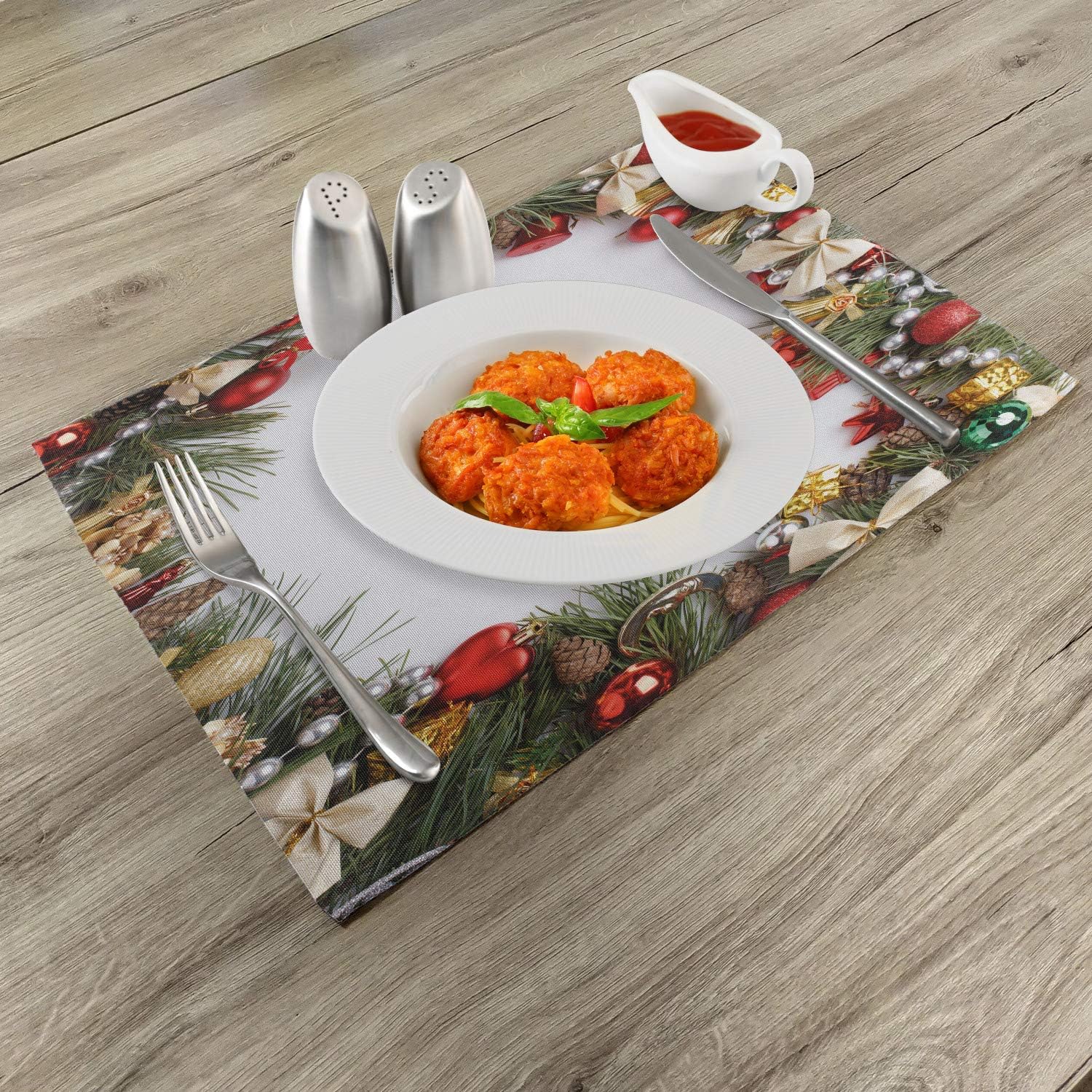 Ambesonne Christmas Place Mats Set of 4, Dressed New Year Tree Bedizen Garnished Fir Needles Spruce Yuletide Border Print, Washable Fabric Placemats for Dining Table, Standard Size, Green White