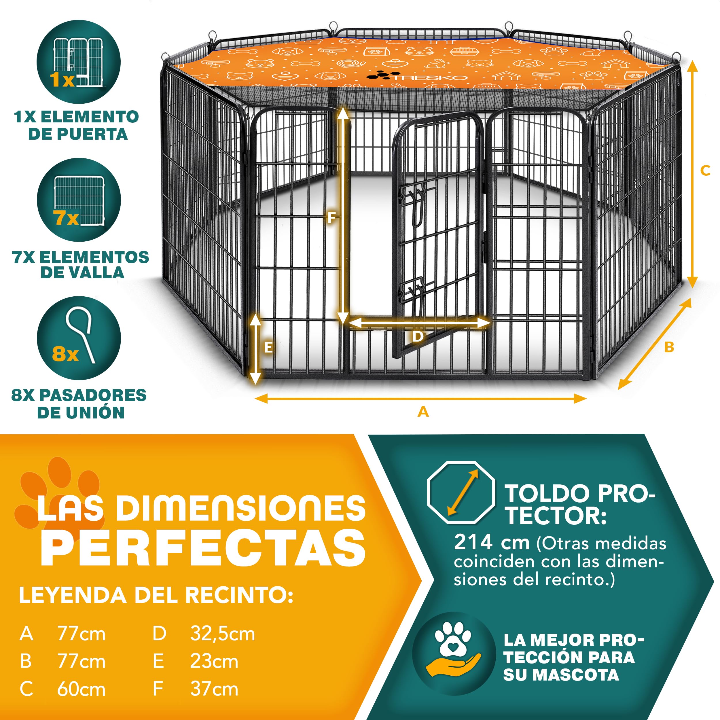 TRESKO® Parque para Cachorros con Techo de 60 cm de Alto con Techo y Anclajes de Tierra, 8 Piezas, Parque Plegable con Puerta, Montaje sin Herramientas, Resistente a la Intemperie