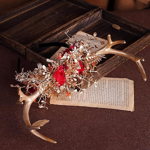 Miniatura 10 de MOSTORY Diadema hecha a mano con flores de cuerno, diadema de cuerno de ciervo con mariposa dorada para mujeres y niñas, renacentista, Halloween,