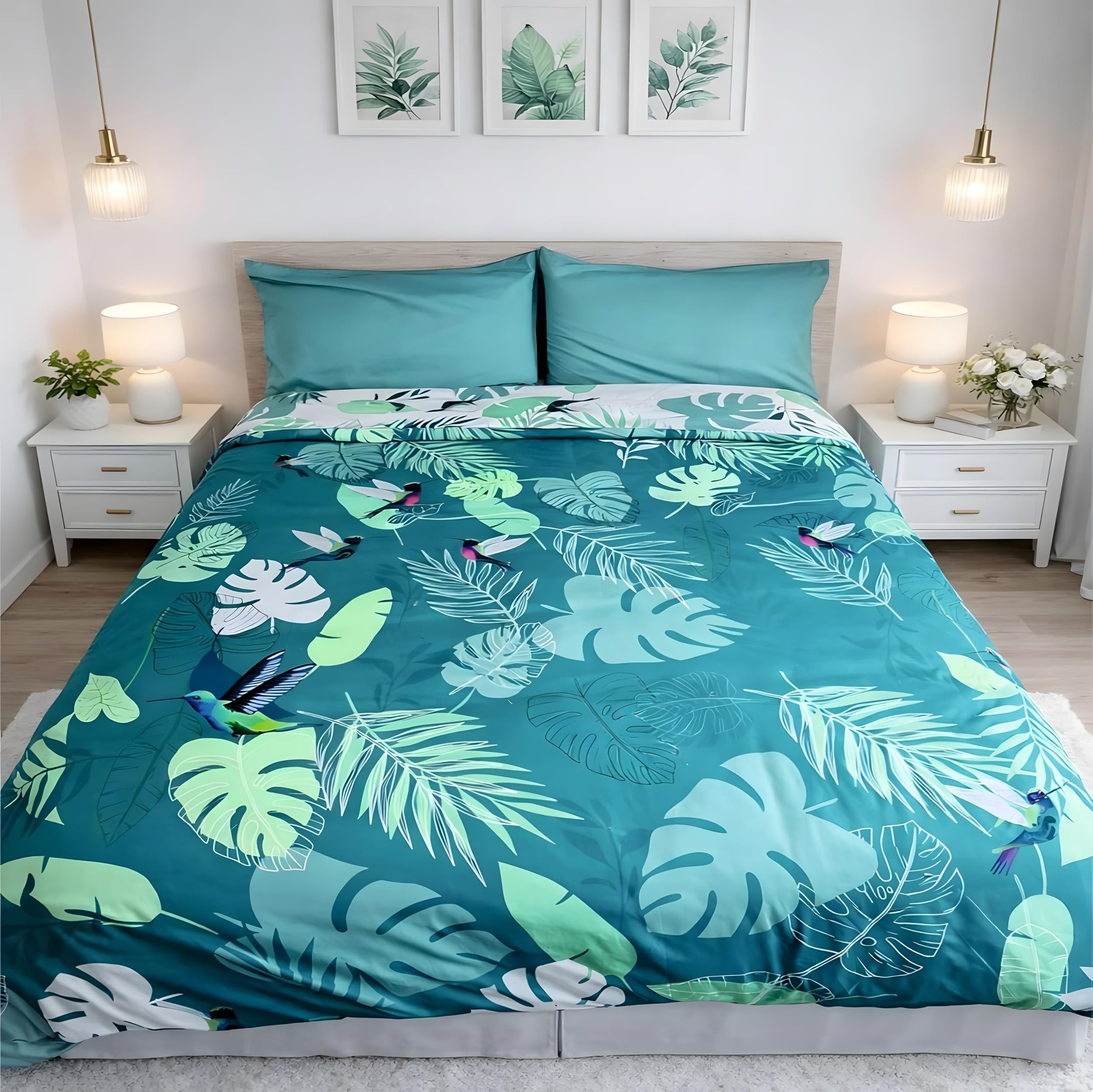YZQGLHP Teal Monstera Leaves King Duvet Cover Sets Tropical Plants 3D Printed Duvet Cover Bedding Comfortable Microfiber Duvet Cover and 2 Pillowcases 50x75 cm, Perfect
