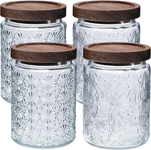 Miniatura 7 de Tarros de vidrio vintage con tapas, paquete de 4 tarros herméticos de almacenamiento con tapa de madera, recipientes de almacenamiento de alimentos
