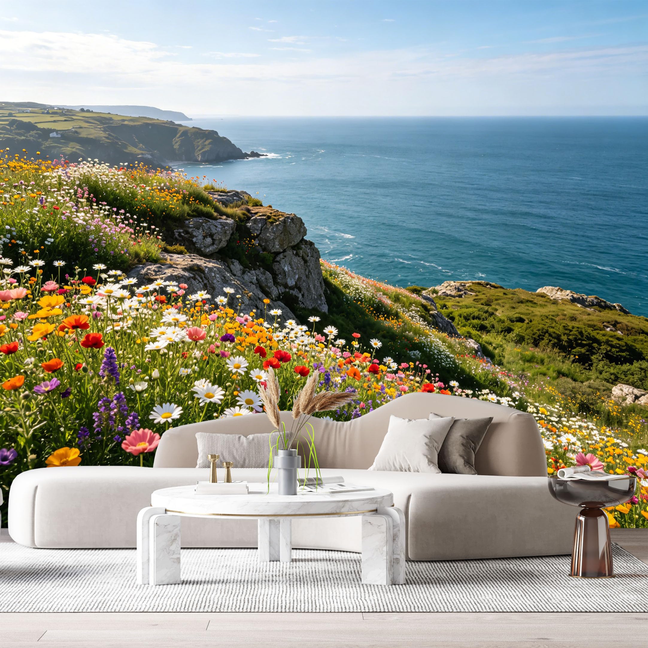 Custom Size Wall Murals Coastal Botanical Landscape Wildflower Field Ocean Cliff SelfAdhesive Wall Fabric Removable Large Wallpaper for Photo Living Room