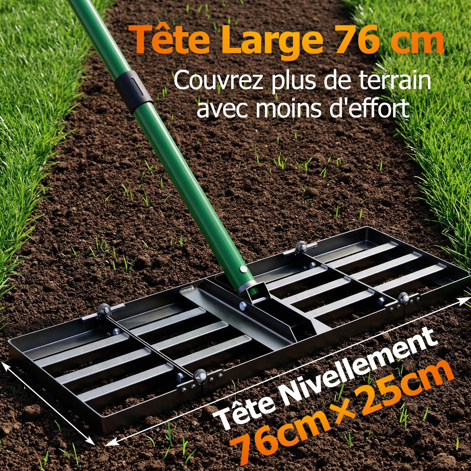Râteau de nivellement de pelouse - 76 x 25 cm - Râteau de nivellement de pelouse très résistant avec poignée réglable de 84 à 196 cm - Râteau de jardin pliable pour terre, sable, gravier