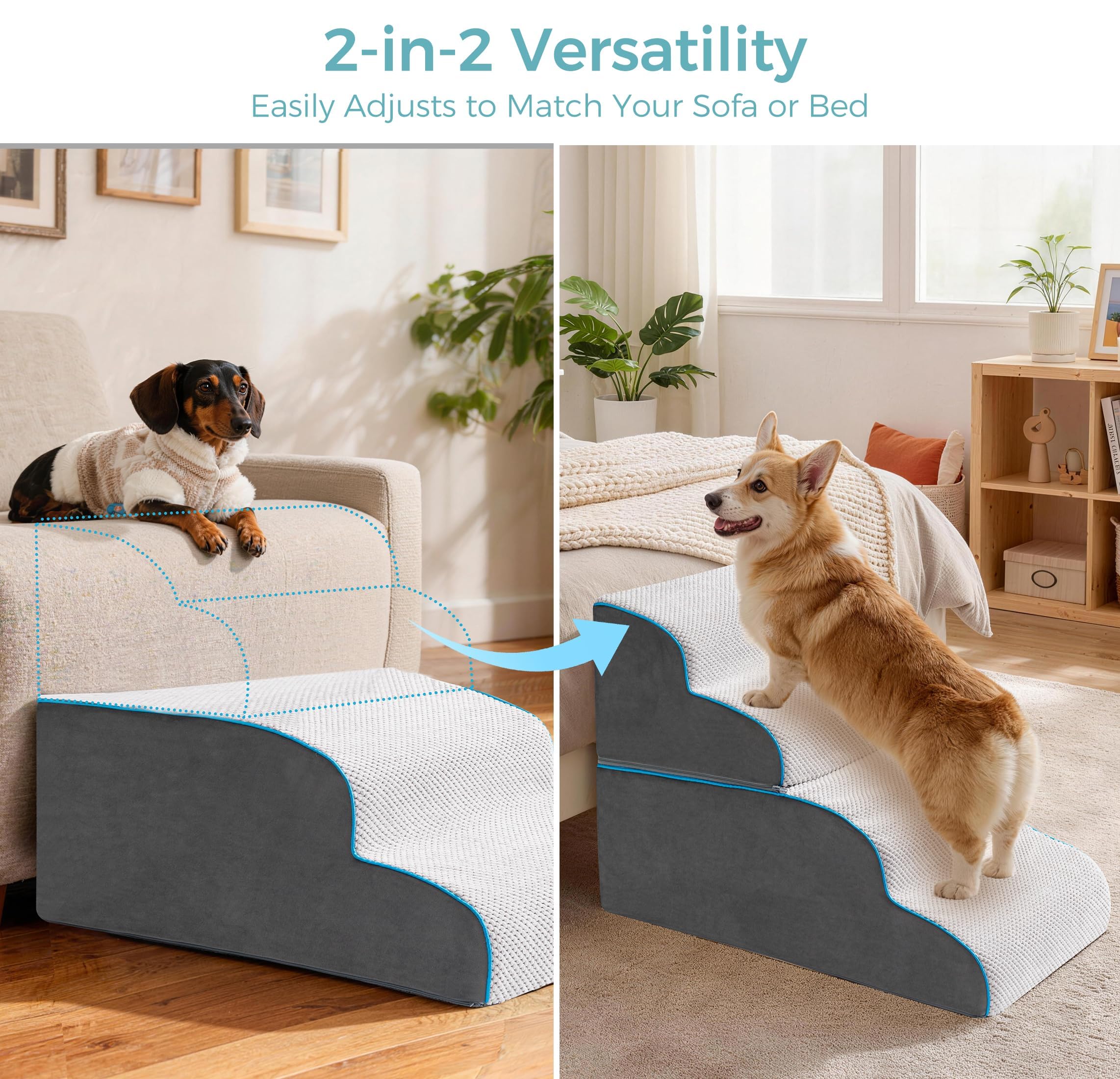 Scaletta per Cani e Rampa per Letto Alto e Divano, 33-61 cm Scala Rimovibile per Cani Piccoli e Medi, Schiuma 40D Robusta, Antiscivolo, Rivestimento Lavabile con Rullo Levapelucchi, Grigio