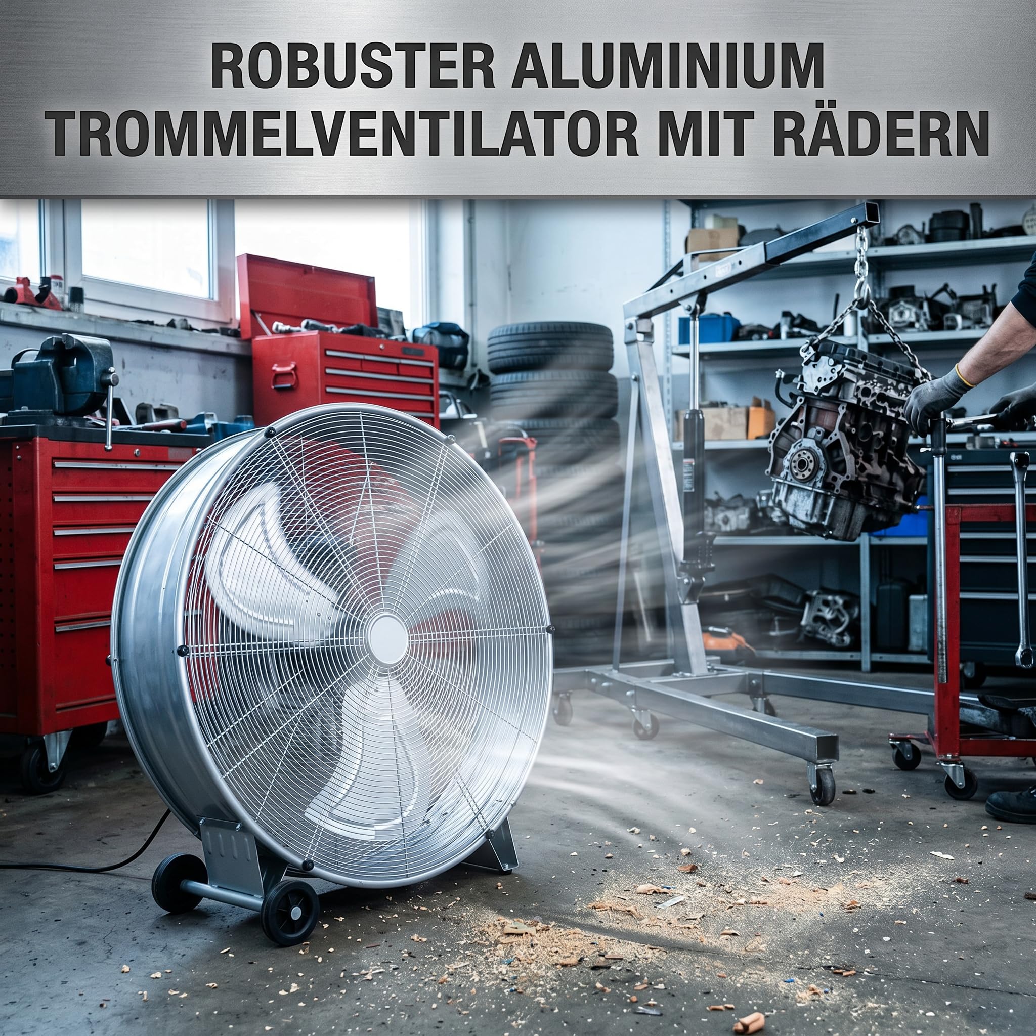 Gecheer Trommelventilator Neigbar mit 2 Rädern, Aluminium, 79x37x82 cm | 3 Geschwindigkeitsstufen, 3 Metallflügel, Leichte Reinigung für Innen- und Außenbereich Werkstatt Garage Halle