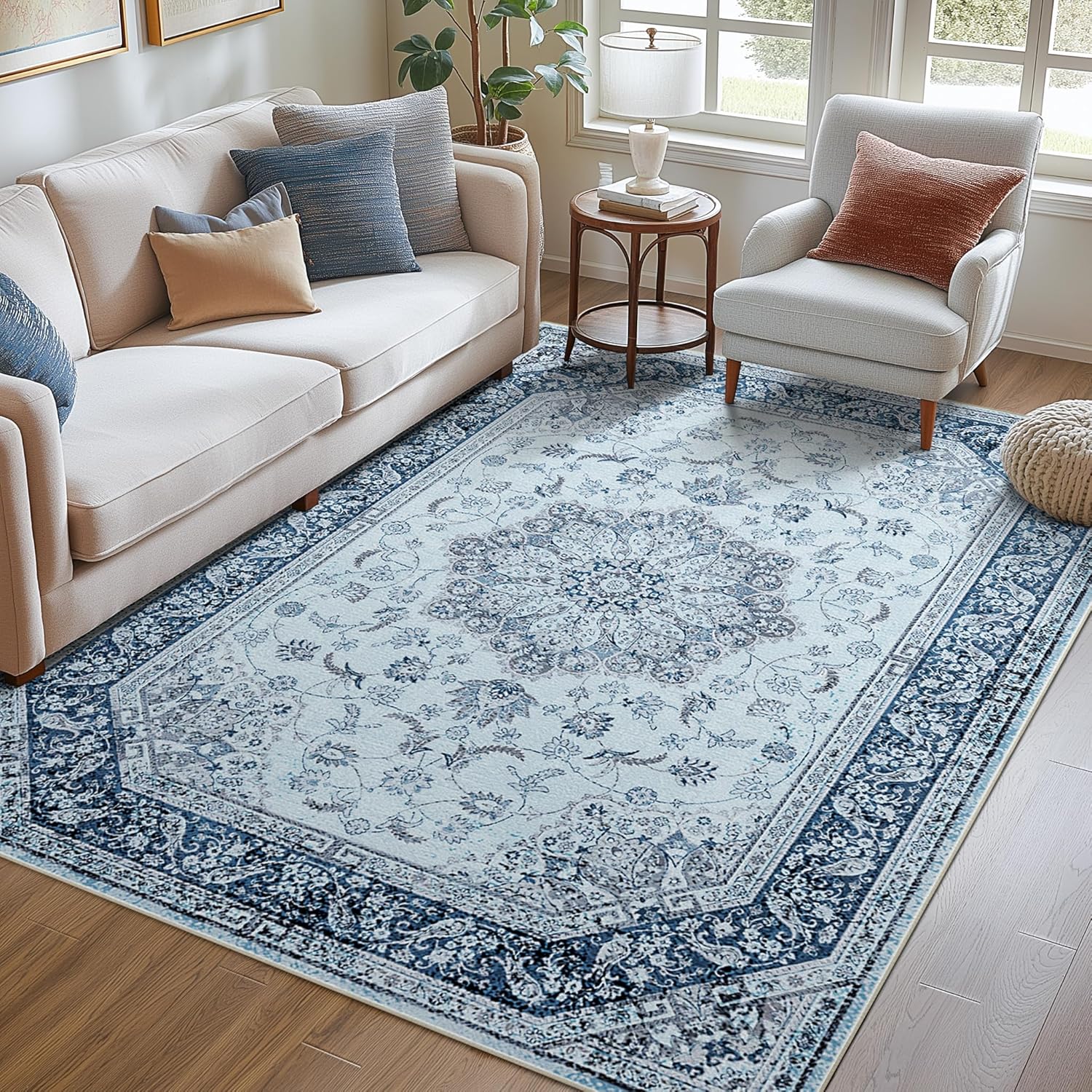 8x10 Boho Low Pile Area Rug & Carpet for Living Room, Bedroom, and Dining Room – Soft, Machine Washable Fabric with Non-Slip TPR Backing and Sturdy Sewn Edges Blue Serenity (Blue) 8 × 10