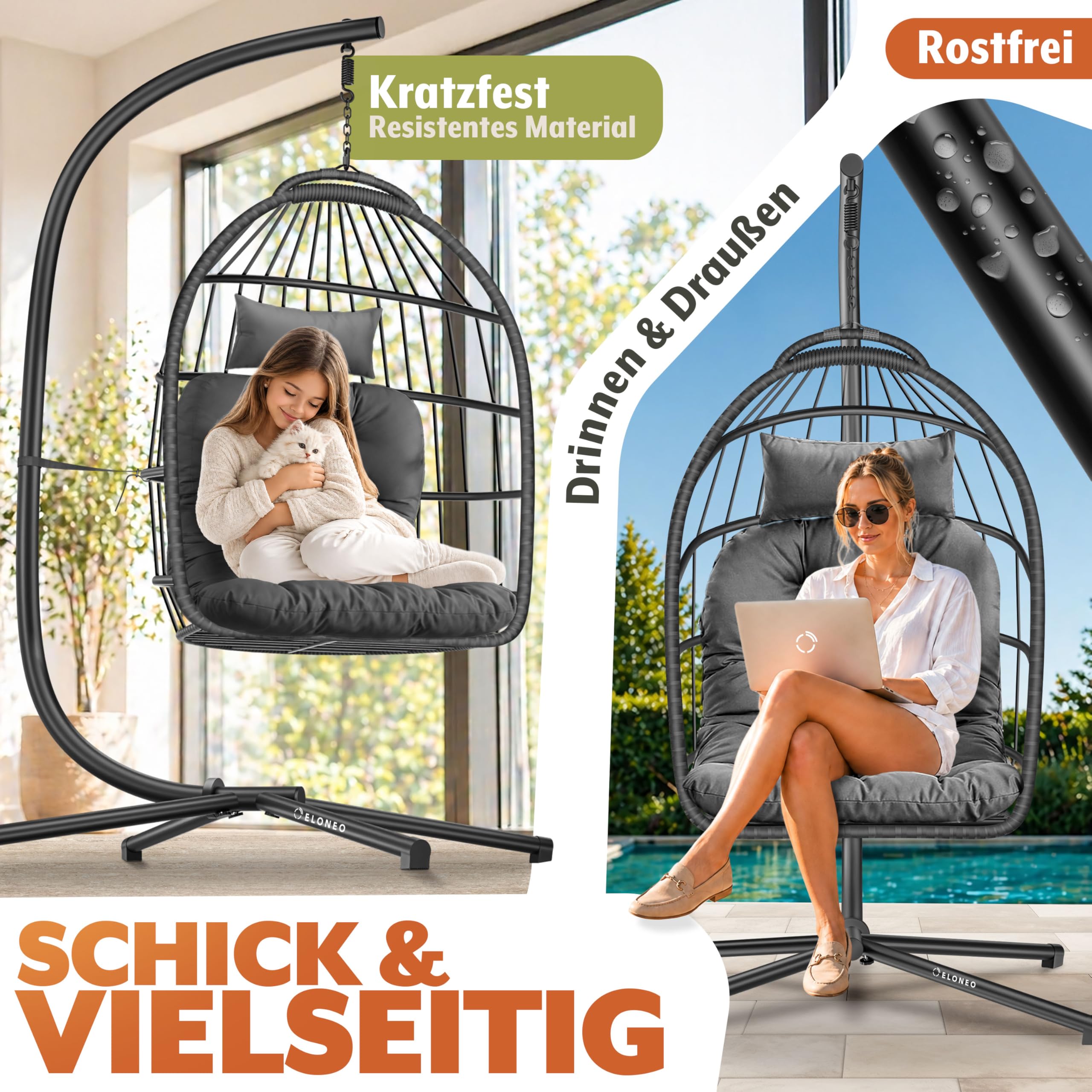ELONEO Hängesessel mit Gestell und Premium Polster, Hängesessel Outdoor und Indoor inkl. Abdeckplane, Hängeschaukel Outdoor belastbar bis 160kg, Hanging Chair, anthrazit