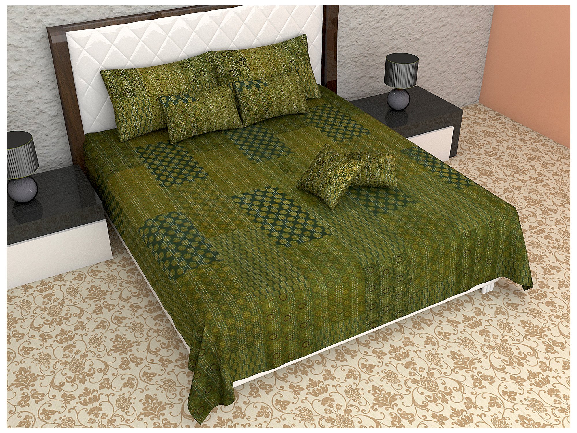 Indigenous Handicrafts Ajrakh Printed Kantha Work Patch Work Green Set of 7 Reversible Double Cotton Bedspread Bedding Set