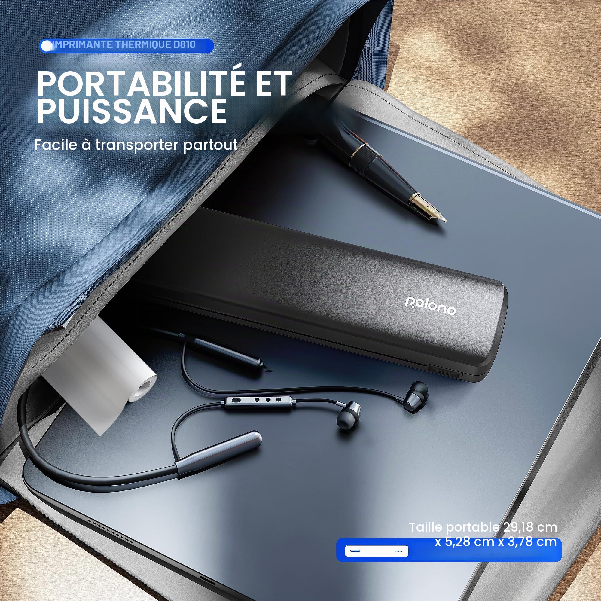 POLONO Imprimante thermique A4 sans fil portable pour voyage, compatible iOS Android ordinateur