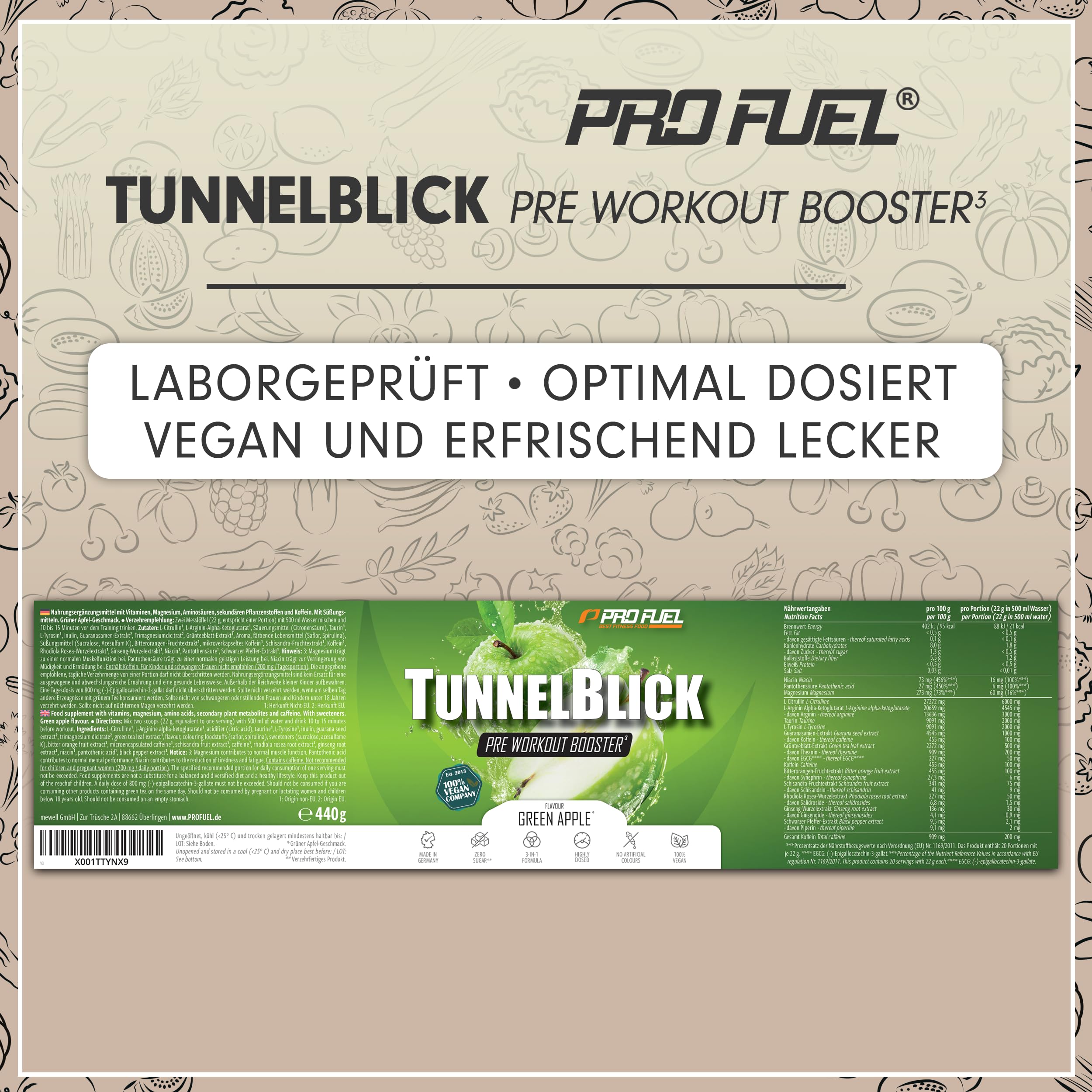 Pre-Workout-Booster³ GRÜNER APFEL 440g - unglaublich lecker - TUNNELBLICK Trainingsbooster³ mit Citrullin, Arginin, Taurin, Koffein, Guarana und Magnesium - optimal hochdosiert - 100% vegan