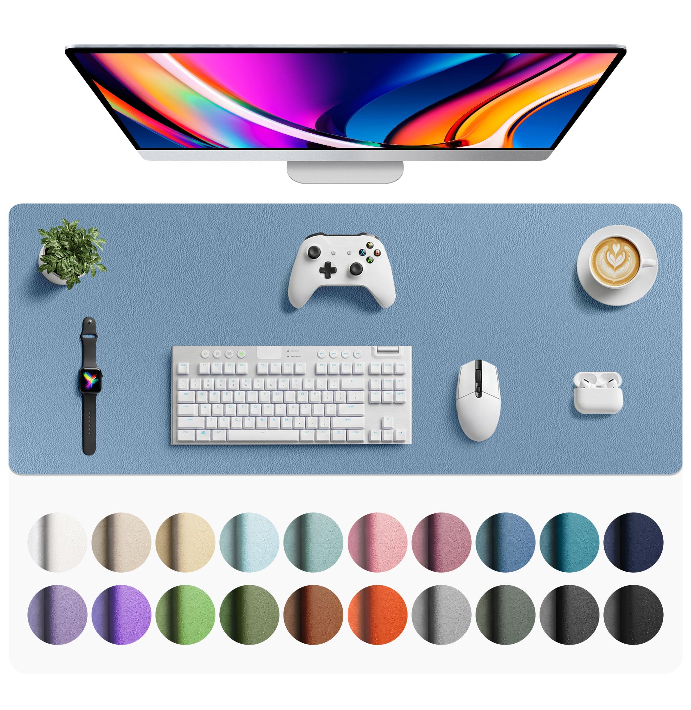 Aothia Faux Leather Desk Mat - Large Mouse Pad, Non-Slip PU Leather Blotter, Waterproof Writing Surface for Office and Home (Denim Blue, 42" x 17")