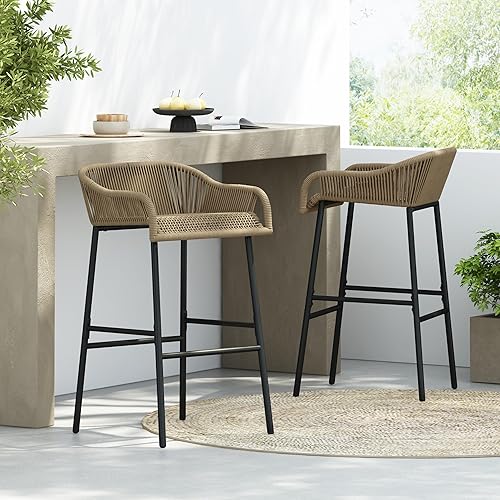 Christopher Knight Home Outdoor Patio Rope Weave Iron Barstools, Powder