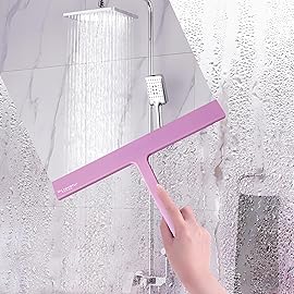 Shower Squeegee with Silicone Hook, 11 Inch Width All Purpose Squeegee Wiper for Shower Glass Doors Bathroom Mirror Tiles Car Window Cleaner Tool - Pink