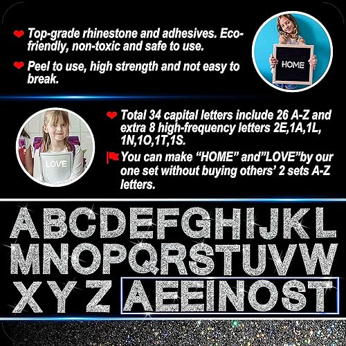 Miniatura 3 de Locacrystal 68 calcomanías de letras de diamantes de imitación con purpurina brillante del alfabeto A-Z letras autoadhesivas de diamantes de
