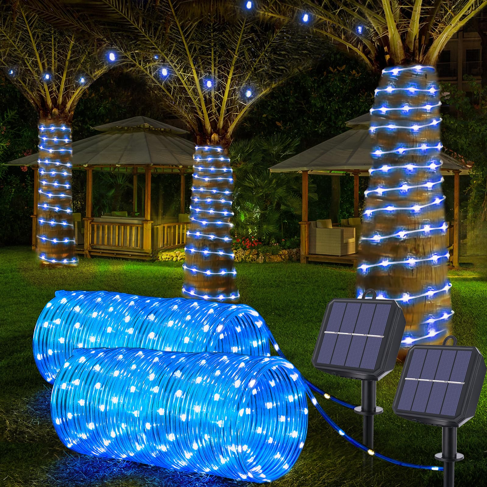 Solar Rope Lights, 2 Packs Total 66ft 200LED Solar String Lights, 8 Modes Waterproof Solar Powered Outdoor Light, Flexible Clear Tube Light for Garden Backyard Patio Deck Porch Tree Xmas Decor - Blue