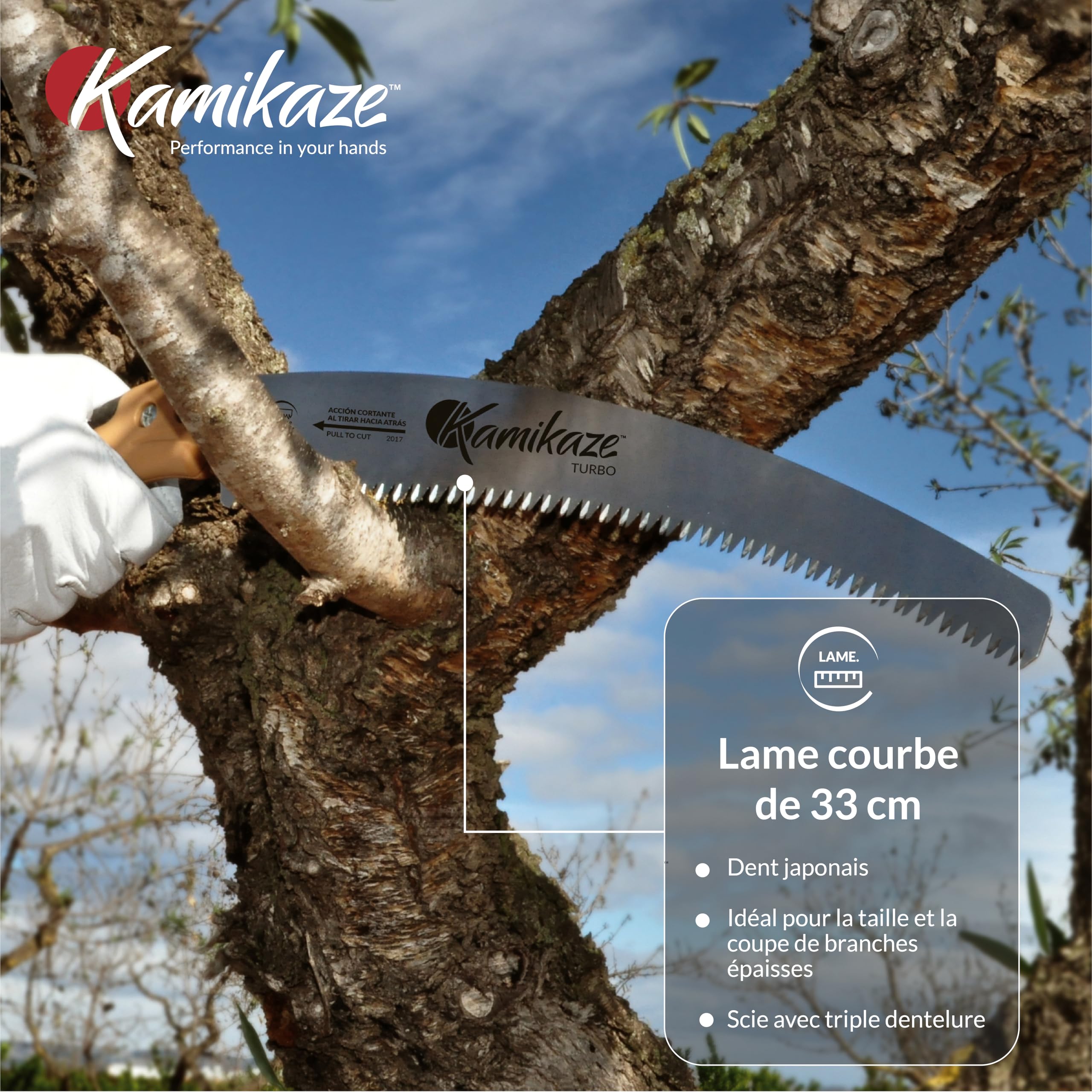 KAMIKAZE Scie d'élagage KM S-330 MAX. 80mm Ø. Livré avec étui. Acier SK-4 denté japonaise. Scie courbée. Fabriqué et conçu en Espagne