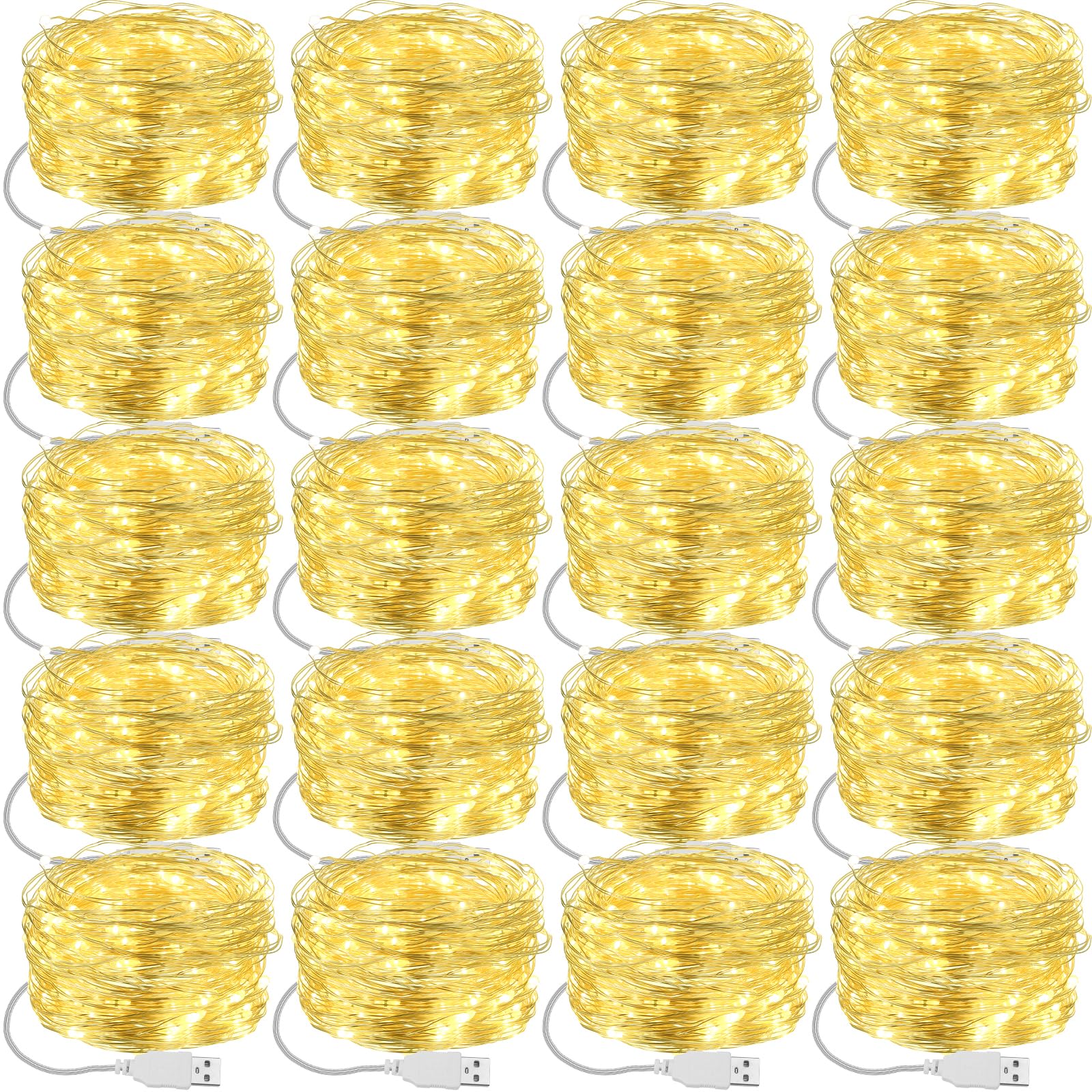 Macarrie Cadena de luces USB de 33 pies, 100 luces LED de hadas alimentadas para interiores y exteriores, boda, fiesta, árbol, hogar, festival, decoración de jardín (blanco cálido, 20 piezas)