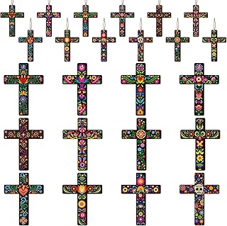 Haooryx Day of the Dead Wooden Ornaments - 36Pcs Mexican Floral Cross Spanish Pendants Wood Craft Gift Tags Art Wall Decor Hanging Ornament with Ropes for Day of the Dead Home Church Decoration Supply