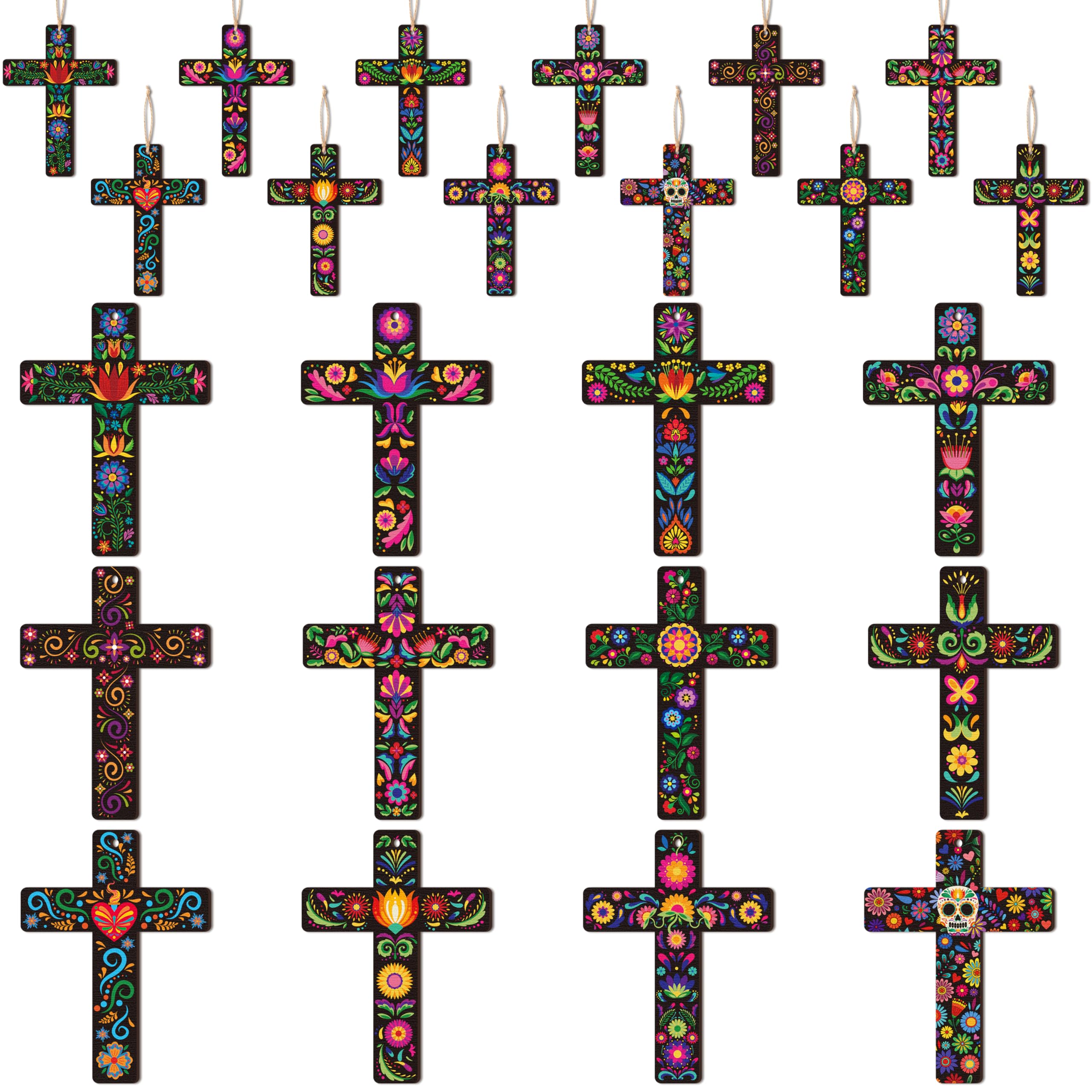 Haooryx Day of the Dead Wooden Ornaments - 36Pcs Mexican Floral Cross Spanish Pendants Wood Craft Gift Tags Art Wall Decor Hanging Ornament with Ropes for Day of the Dead Home Church Decoration Supply
