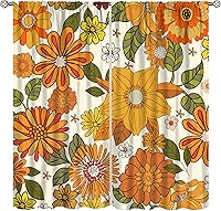 Vista 1 de Cortinas florales rústicas de los años 70, color amarillo vintage, hippie, de verano, con diseño de hojas florales, decoración de ventanas, cortinas