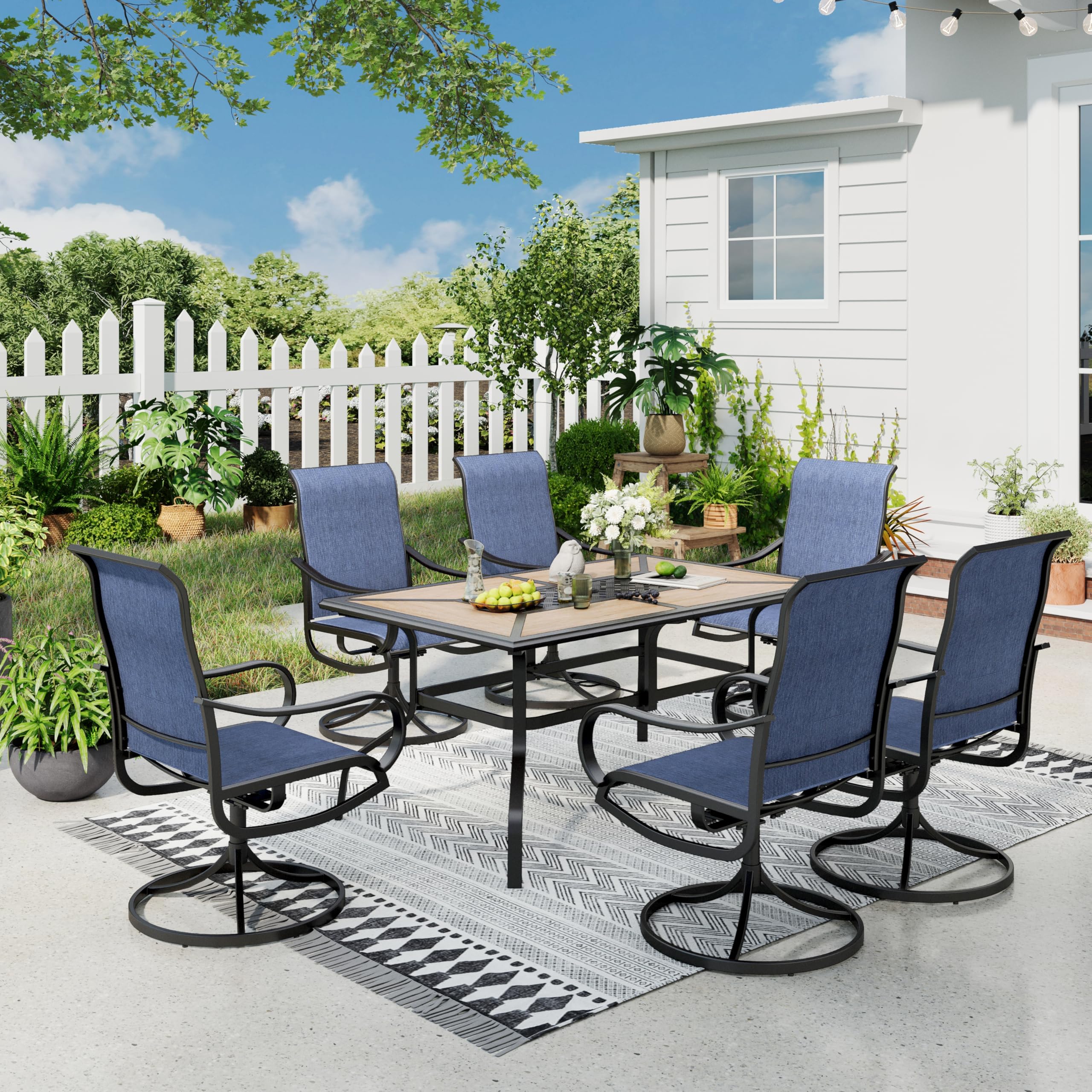 Sophia &amp; William Outdoor Dining Set for 6 w/Wood-Look Table &amp; Blue Chairs