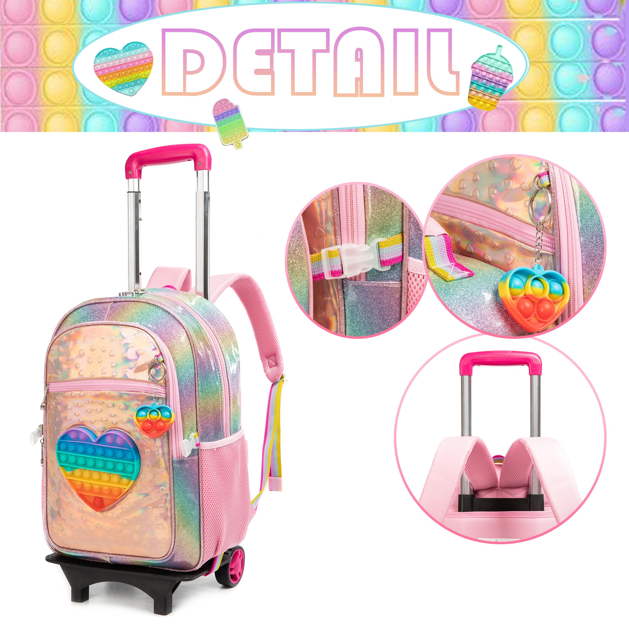 HTgroce Pop It Mochila Escolar con Ruedas Niña Fidget Toy Pop Its Mochilas con Carrito Escolares Bolso Popit Fidget Toy 3 in 1, Juguete Antiestrés y Ansiolítico Mochilas Escolares con Carro.