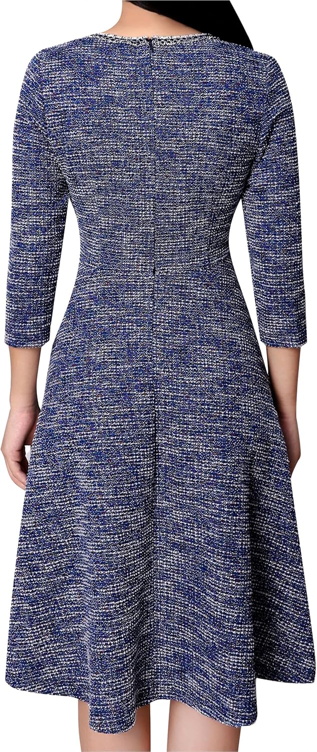 VFSHOW Womens Buttons Pockets Office Business A-Line Dresses 3/4 Sleeves Work Crew Neck Tweed Trim Fit and Flare Swing Dress - Image 2