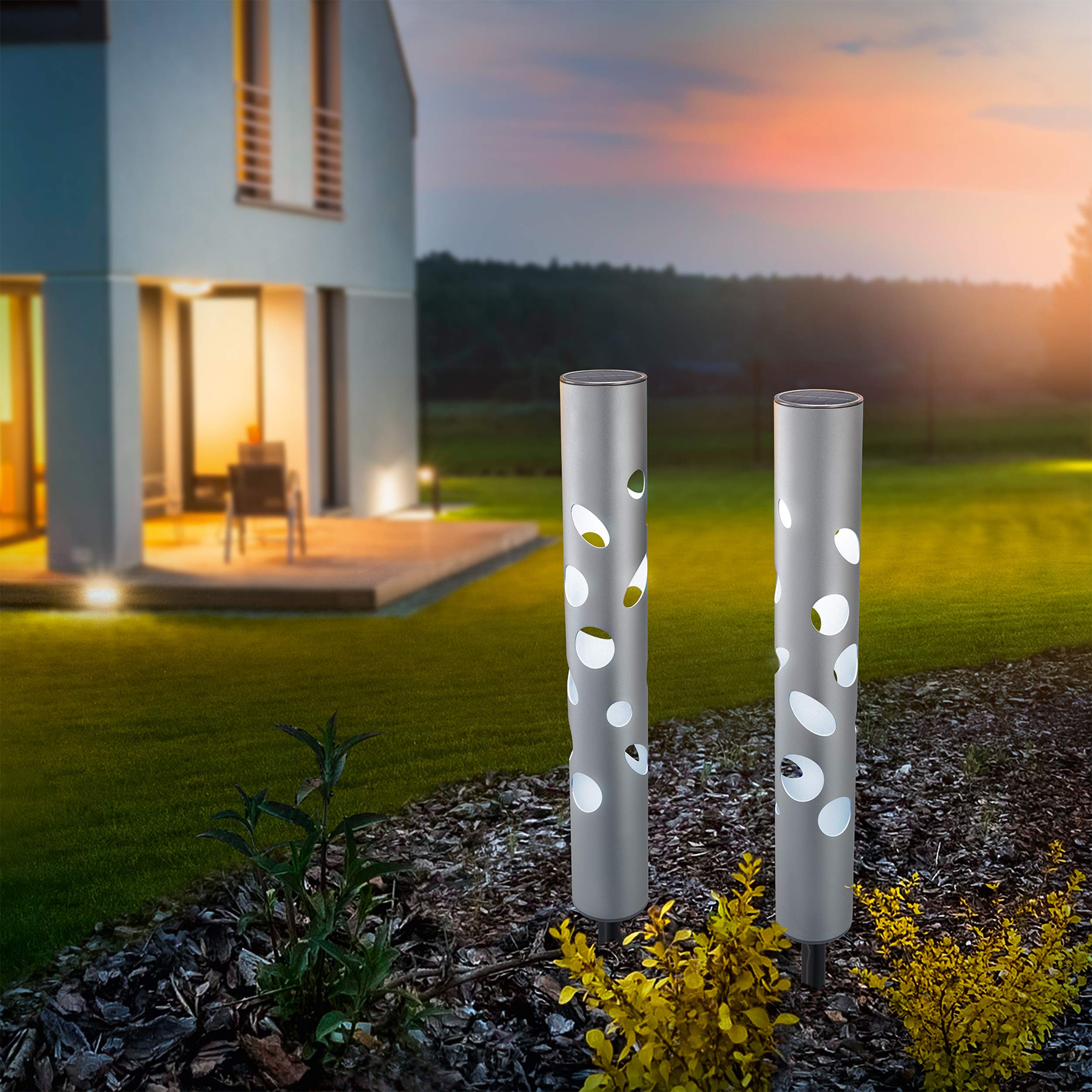 Esotec Solar Gartenstecker Gartenfackel FantasyLight 2er Set Alu 102132