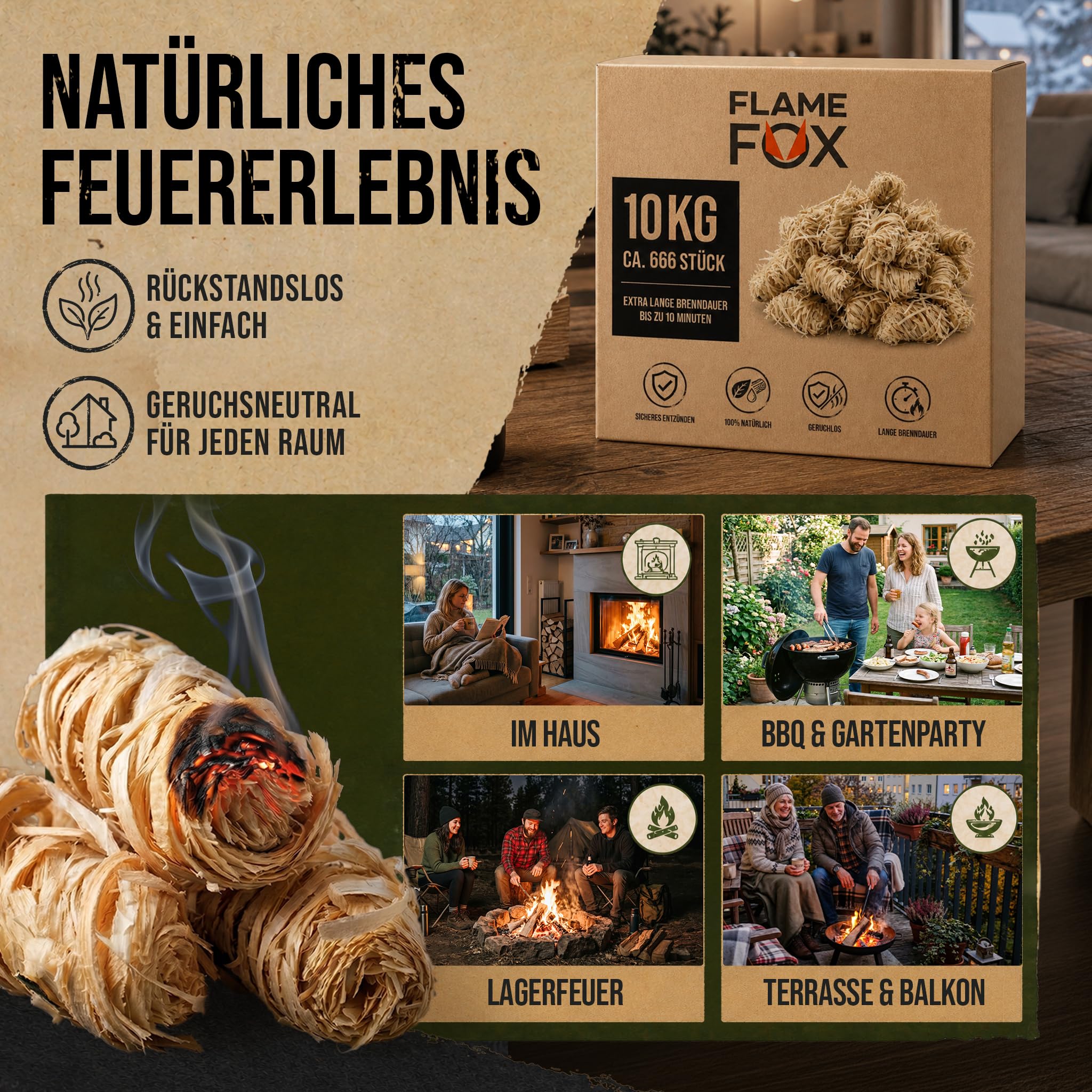 Anzündwolle XXL 10kg aus Öko-Holzwolle & Wachs I Kaminanzünder & Grillanzünder für Kamin, Ofen & Feuerschale I Natürlich, zuverlässig, Lange Brenndauer - 3kg, 5kg oder 10kg Karton