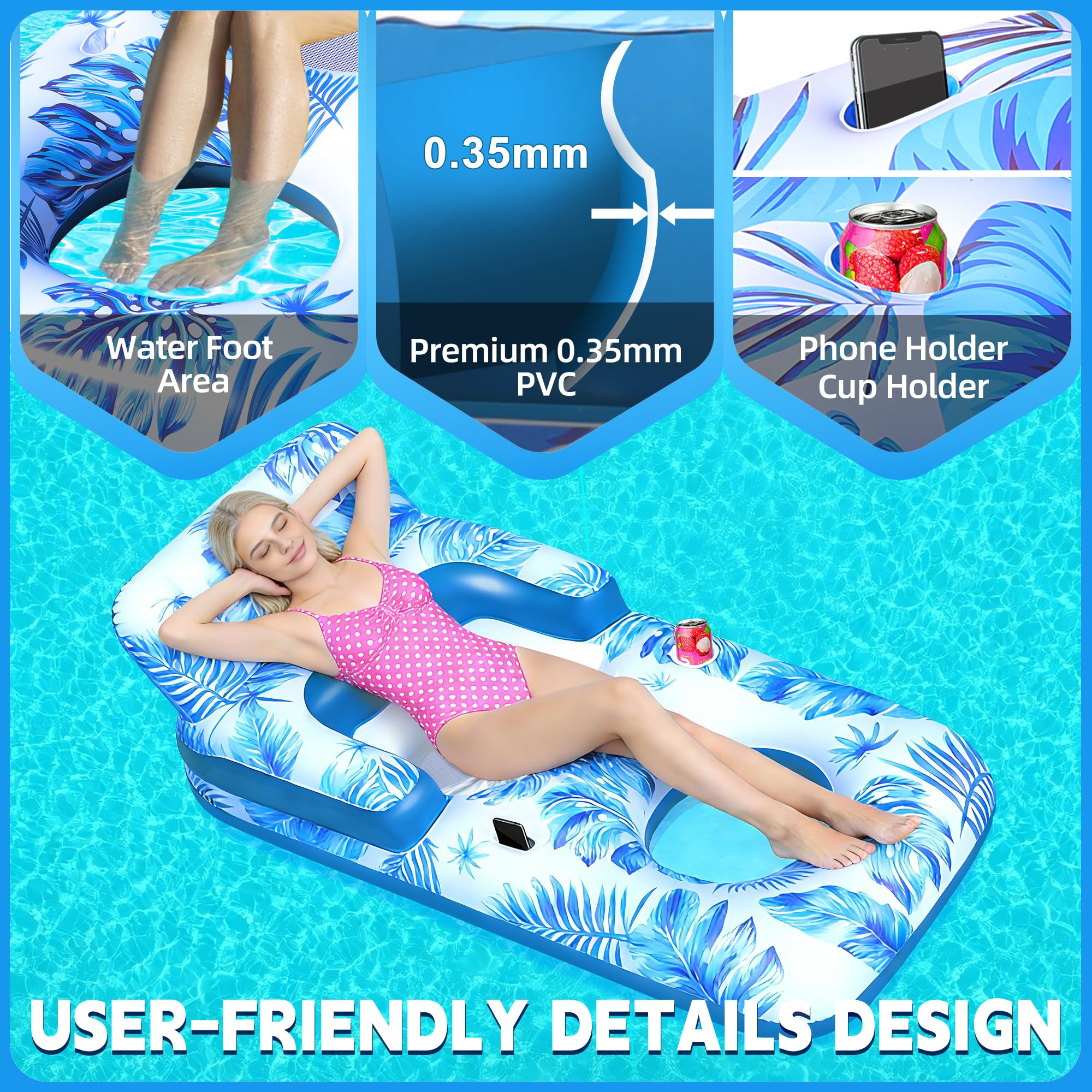 ChlorBlu Colchoneta Piscina Adultos,Flotadores Piscina con Soportes para Vasos y Teléfono,Hinchable para Piscina con Reposacabezas,Respaldo y Reposapiés,Engrosada Sillon Hinchable Piscina de Bronceado