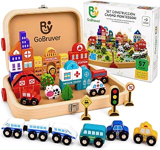 Juguete Montessori de Madera 57 Piezas para Niños 3 4 5 6 Años – Bloques de Construcción Ciudad con Tren, Coches, Edificios y Señales de Tráfico – Juego Educativo con Maletín