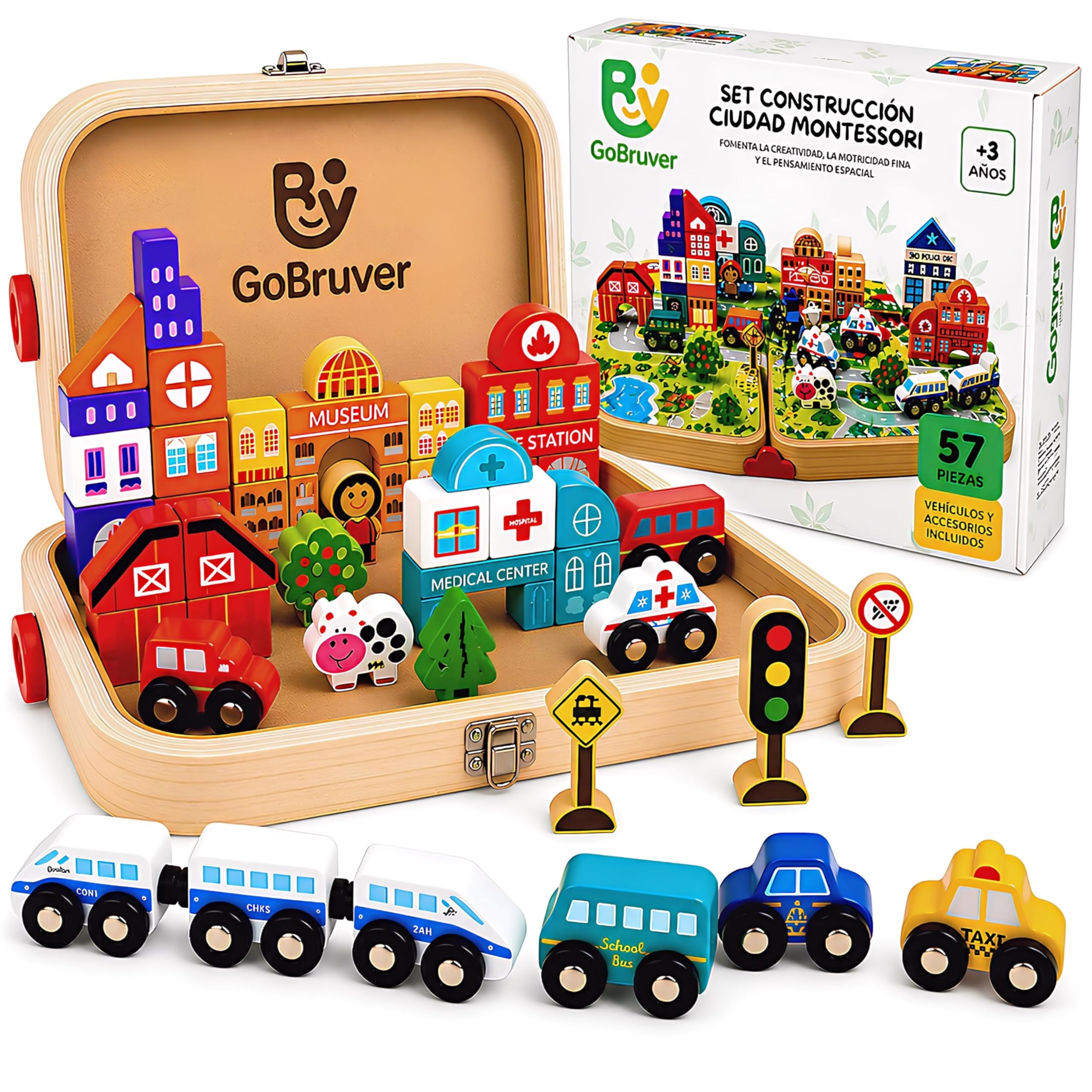 Juguete Montessori de Madera 57 Piezas para Niños 3 4 5 6 Años – Bloques de Construcción Ciudad con Tren, Coches, Edificios y Señales de Tráfico – Juego Educativo con Maletín
