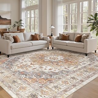 befbee 9x12 Area Rugs for Living Room, Washable Vintage Non Slip Rug | Soft Throw Rugs with Low Pile Thin Stain Resistant Carpet for Dining Room Bedroom Home Office Decor Turmeric 9'x12'