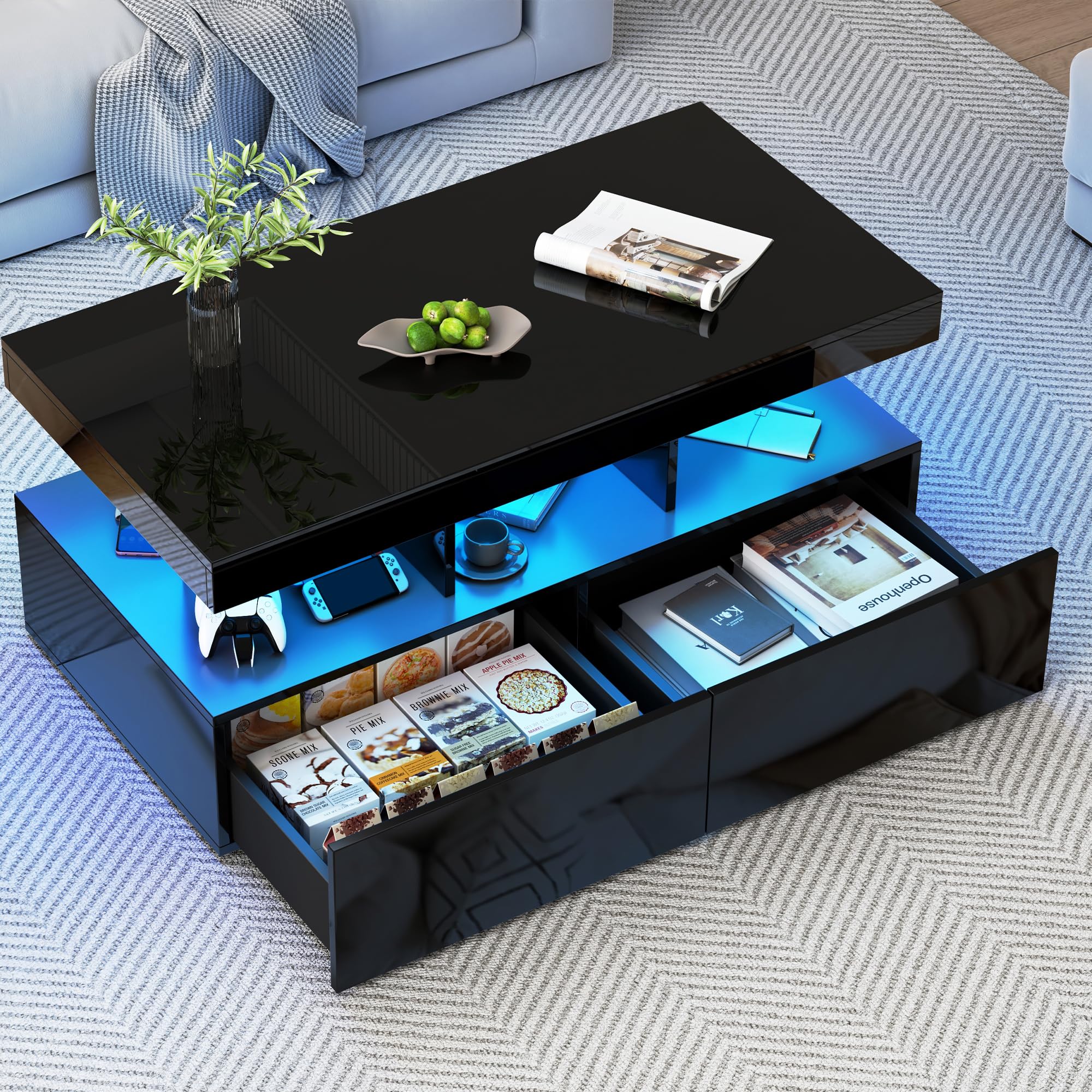 BRILVERDE mesa de centro de alto brillo, salón con LED de 16 colores y 2 cajones, sofá moderno con almacenamiento, auxiliar con 5 estantes (negro, 104 x 53 x 46 cm)