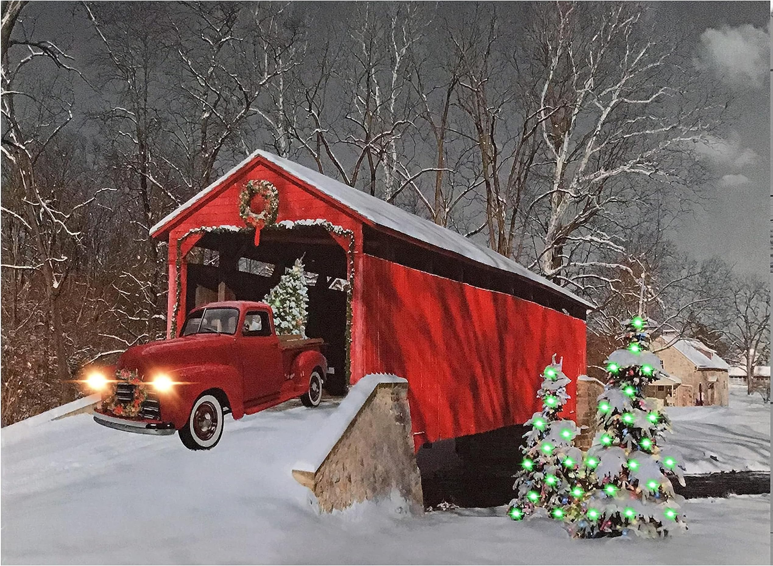 LED Wall Art - Lighted Red Truck Covered Bridge Canvas Print - Christmas Picture with LED and Fiber Optic Lights - Winter Scene Wall Art - Measures 11.75" X 15.75"
