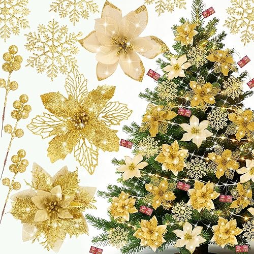 59 piezas de flores de Pascua artificiales de 6 estilos, decoraciones para árbol de Navidad, adornos dorados de Navidad con tallos de bayas,