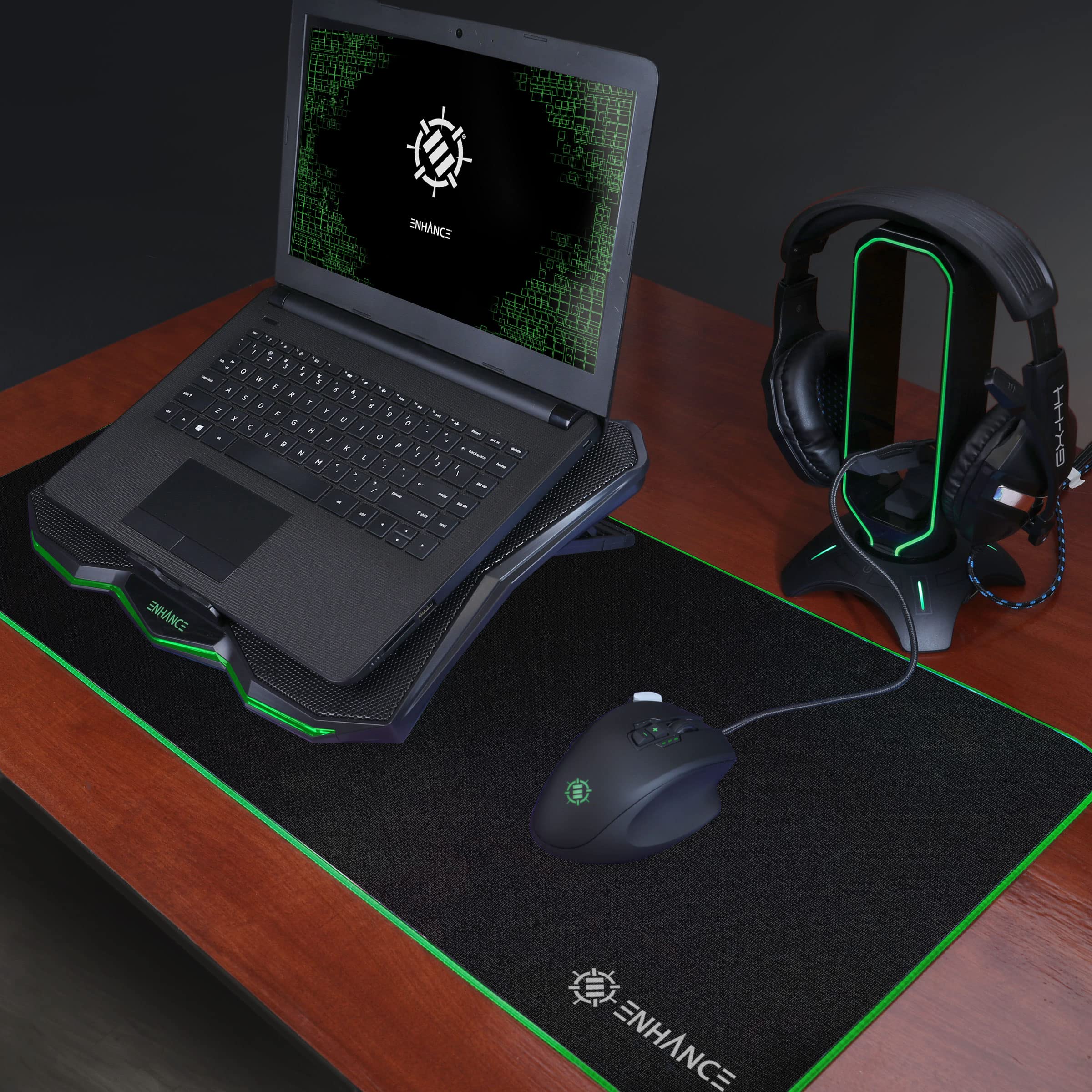 ENHANCE Support Refroidisseur PC Portable, Plaque de Refroidissement de 1 Ventilateurs avec LED Vert et 2 Ports USB - Compatible avec Ordinateur Portable et Notebook de 17 Pouces - Dim: 40 x 30.4 cm