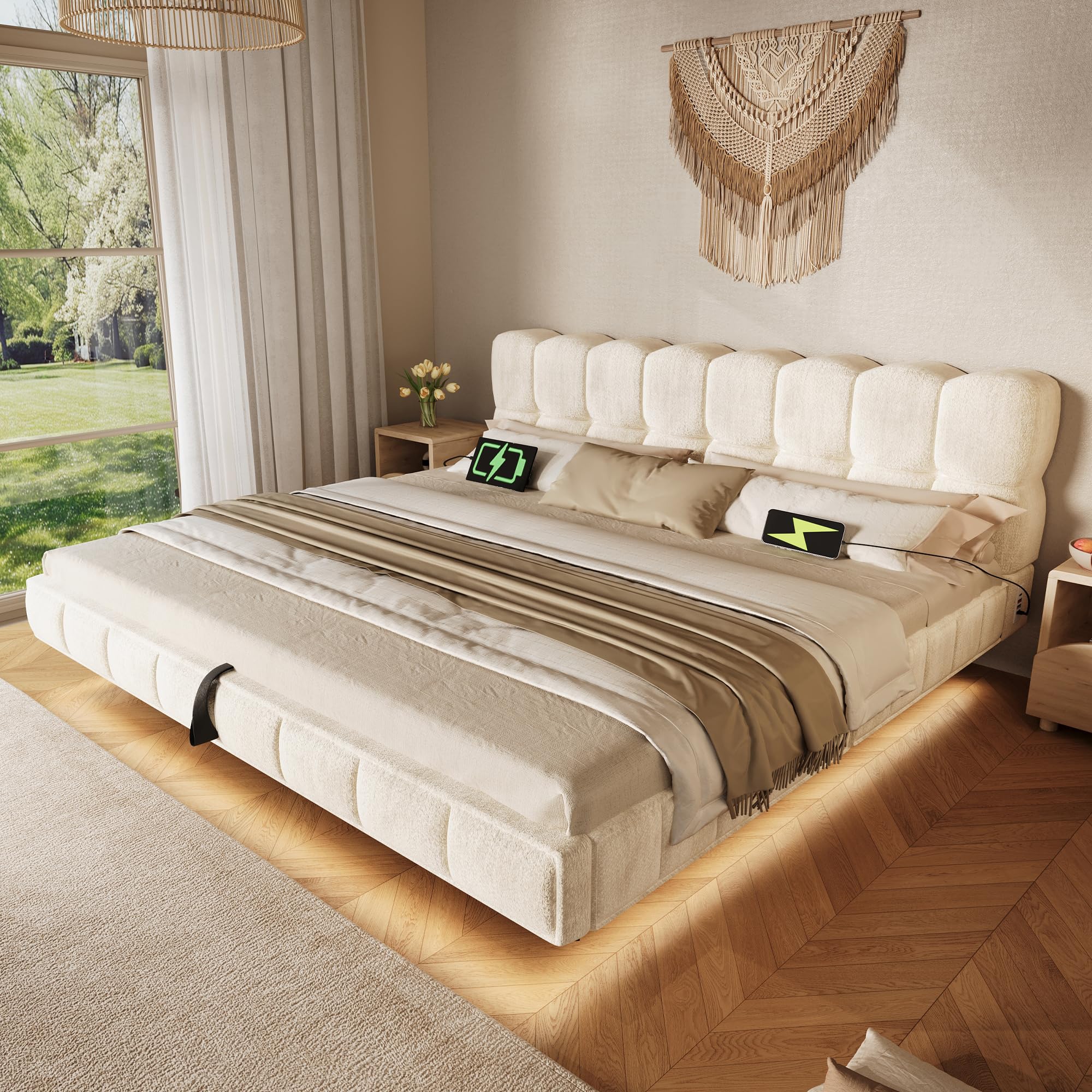 Letto fluttuante imbottito matrimoniale 160x200cm con rete a doghe,Letto sospeso con contenitore idraulico e LED e USB/Type-C,letto nuvola design a bolla Ciniglia Beigeé,Materasso non incl