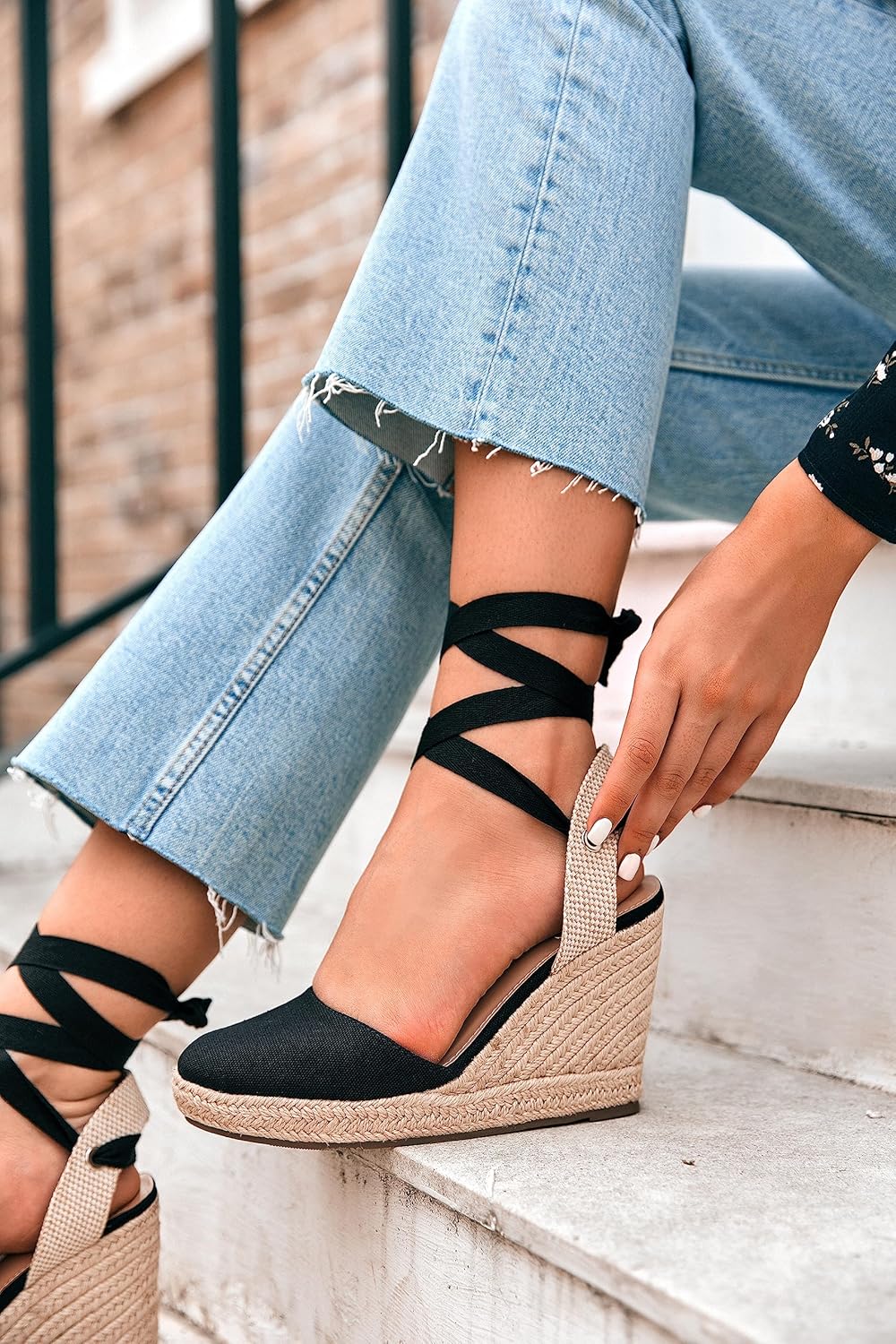 Ermonn Womens Espadrilles Wedge Sandals Platform Closed Toe Ankle Strap Lace Up Summer Shoes - Image 2